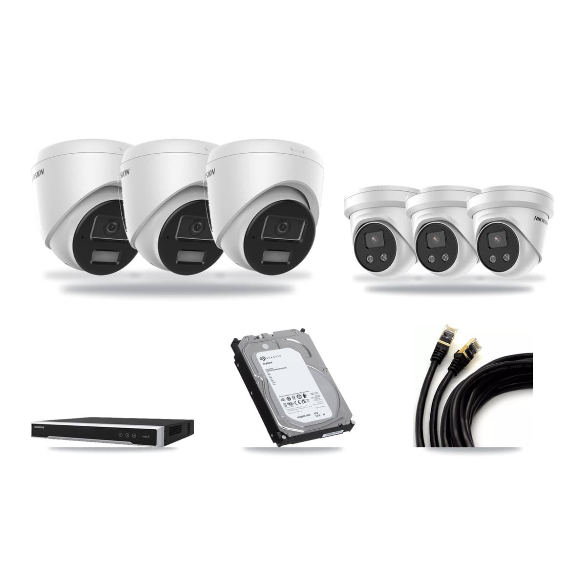 Hikvision 8-Channel 4MP – 5MP CCTV Kit — 3 4MP + 3 5MP Turret Cameras + 6TB Recording (DS-7608NI-M2 Recorder) - Image 1