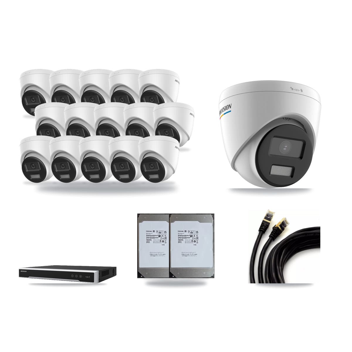Hikvision 16-Channel 2MP – 4K CCTV Kit — 1 2MP + 15 4K Turret Cameras + 2× 14TB Recording (DS-7616NI-M2 Recorder) - Image 1