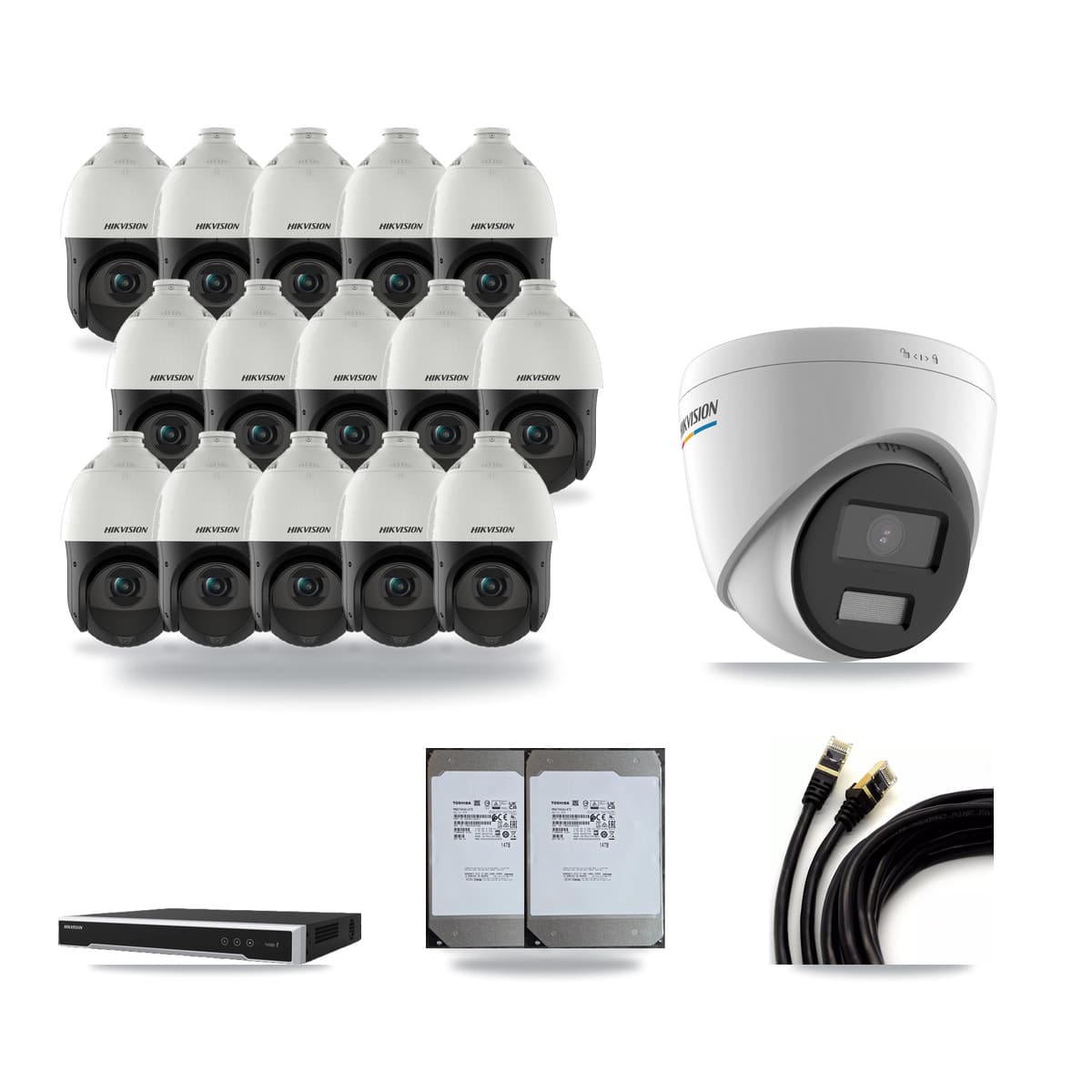 Hikvision 16-Channel 2MP – 4MP CCTV Kit — 1 2MP Turret + 15 4MP PTZ Cameras + 2× 14TB Recording (DS-7616NI-M2 Recorder) - Image 1
