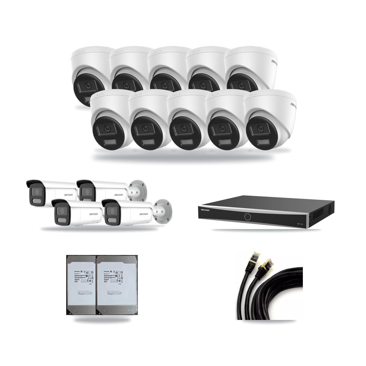 Hikvision 16-Channel 4MP – 4K CCTV Kit — 10 DS-2CD1383G2-LIU 4K Turret + 4 DS-2CD2T47G2H-LISU/SL 4MP Bullet Cameras + 2× 14TB Recording (DS-7616NXI-K2/16P(E) Recorder) - Image 1