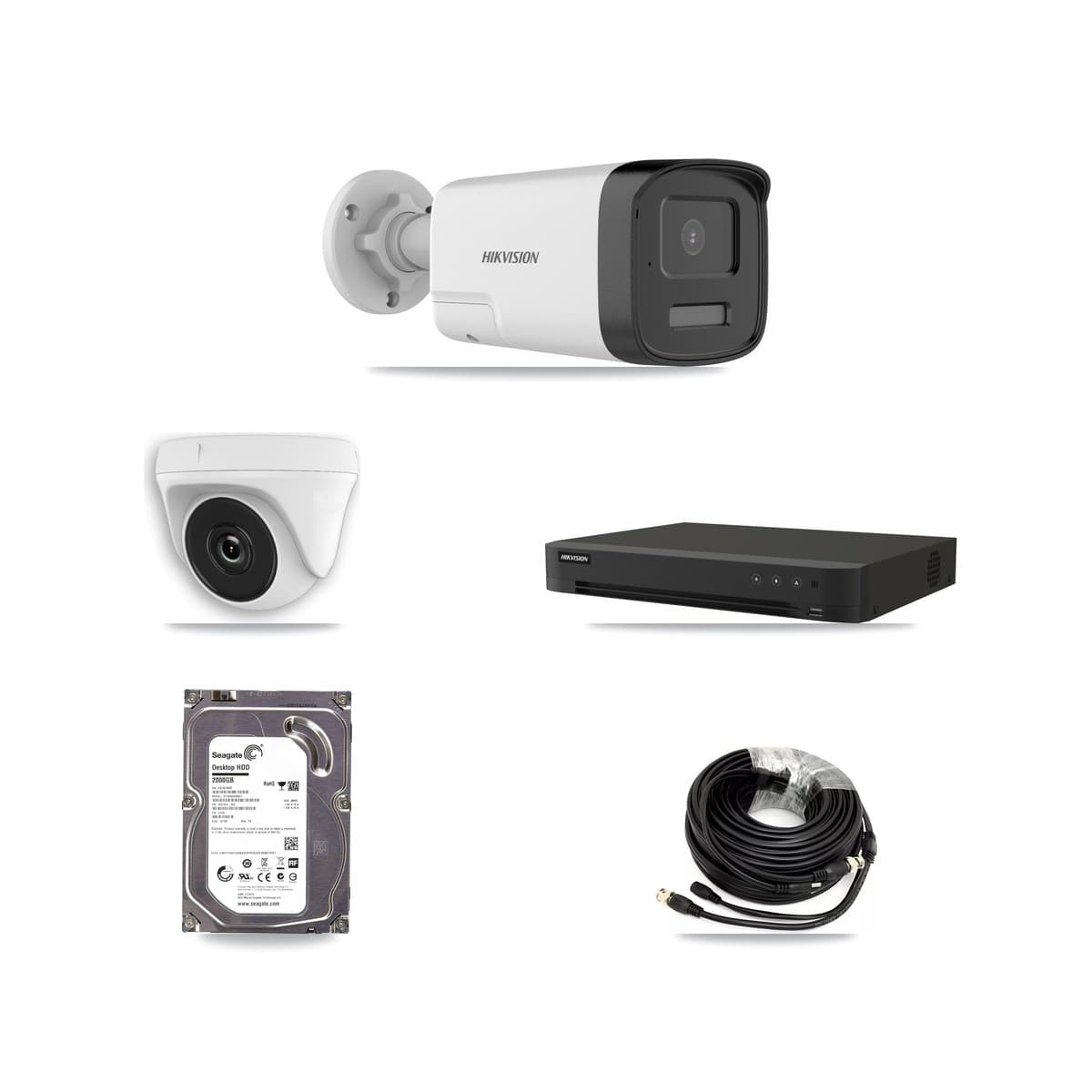 Hikvision 16-Channel 2MP – 5MP CCTV Kit — 1 DS-2CE17K0T 5MP Bullet + 1 White HDT-2MP-N20W 2MP Dome Cameras + 2TB Recording (IDS-7216HQHI Recorder)