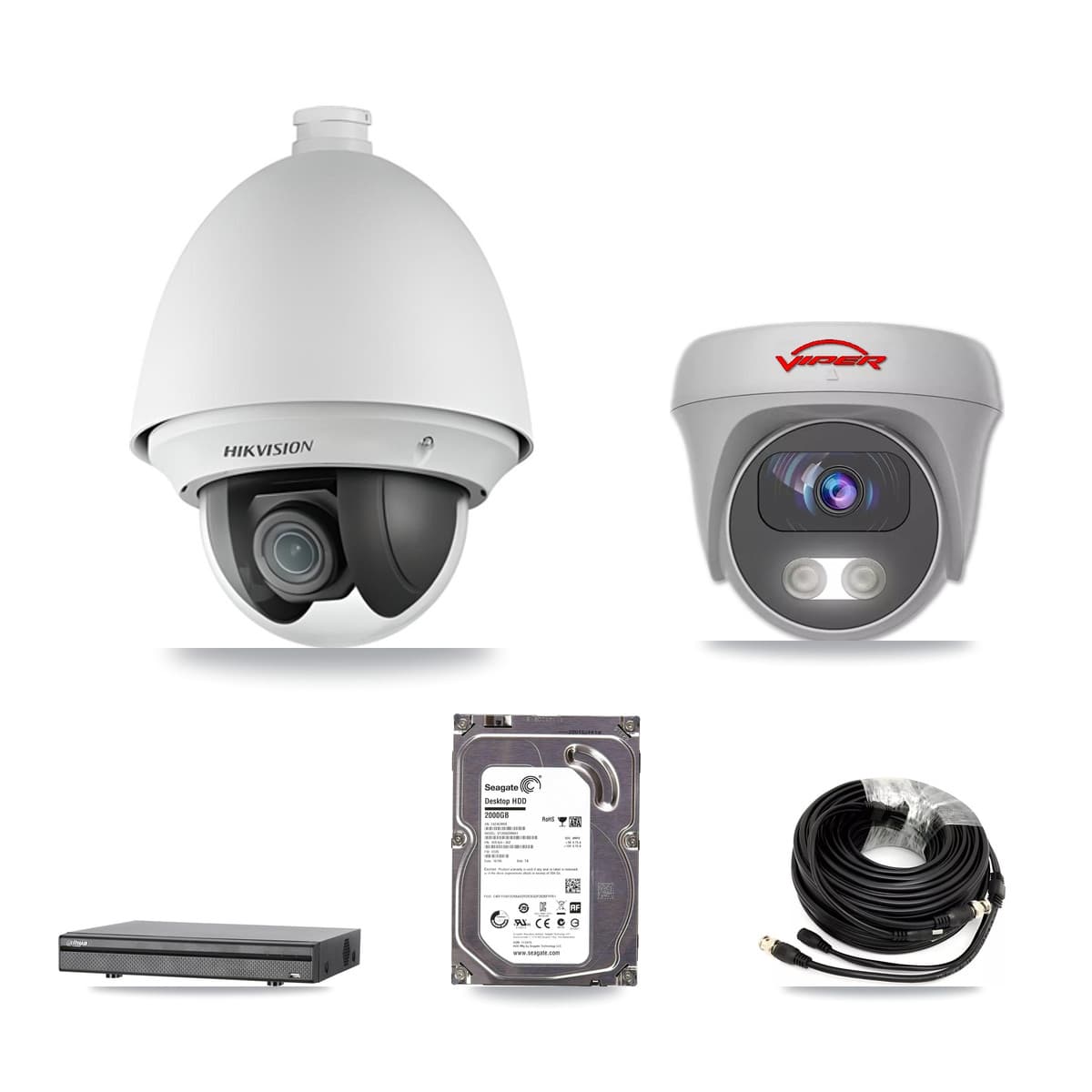 8-Channel 2MP – 5MP CCTV Kit — 1 DS-2AE4225T 2MP PTZ + 1 White VIPER-5MP-3K 5MP Cameras + 2TB Recording (DH-XVR5108H Recorder) - Image 1
