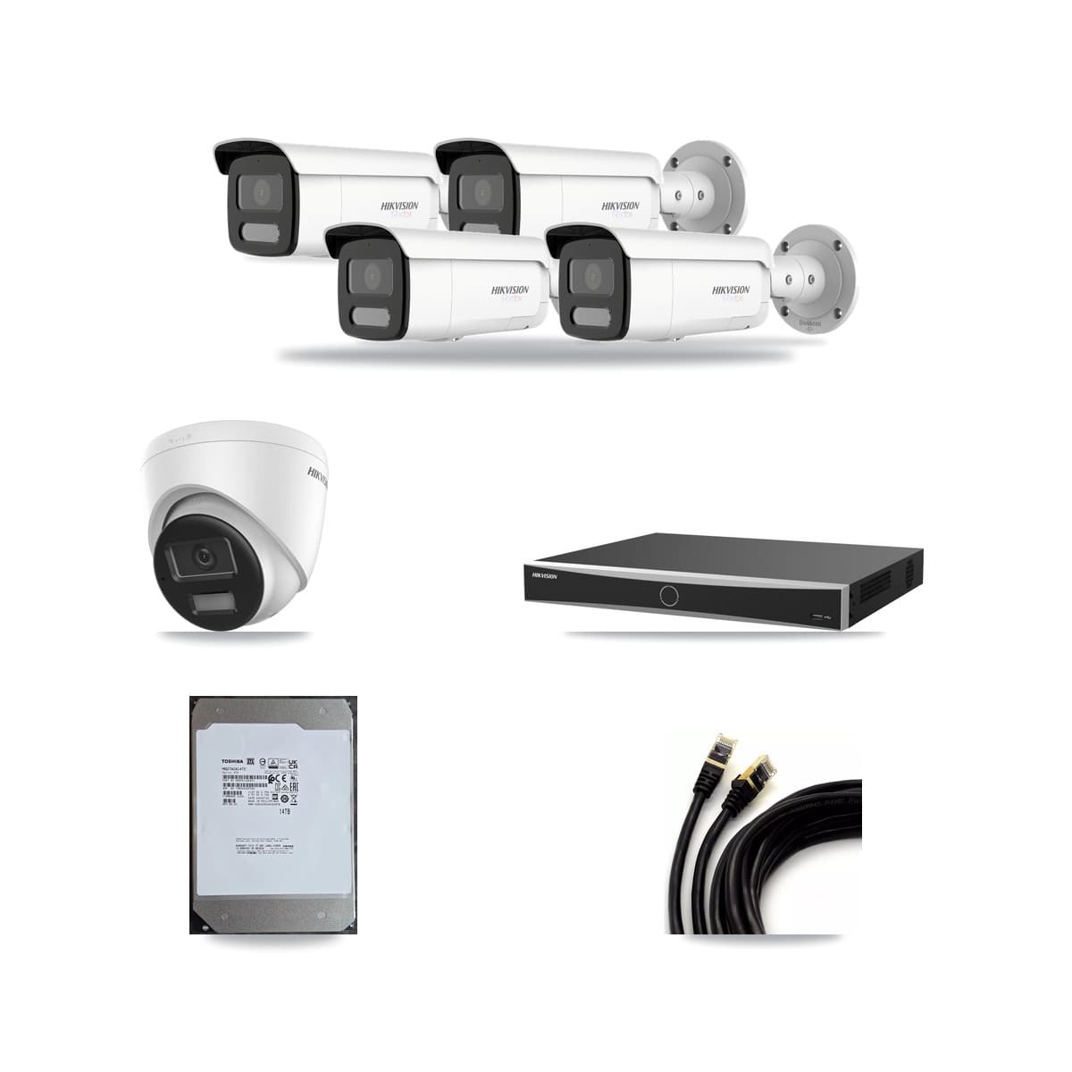 Hikvision 16-Channel 4K CCTV Kit — 1 DS-2CD1383G2-LIU Turret + 4 White DS-2CD2T87G2H-LISU/SL-2.8MM-W Bullet Cameras + 14TB Recording (DS-7616NXI-K2/16P(E) Recorder) - Image 1