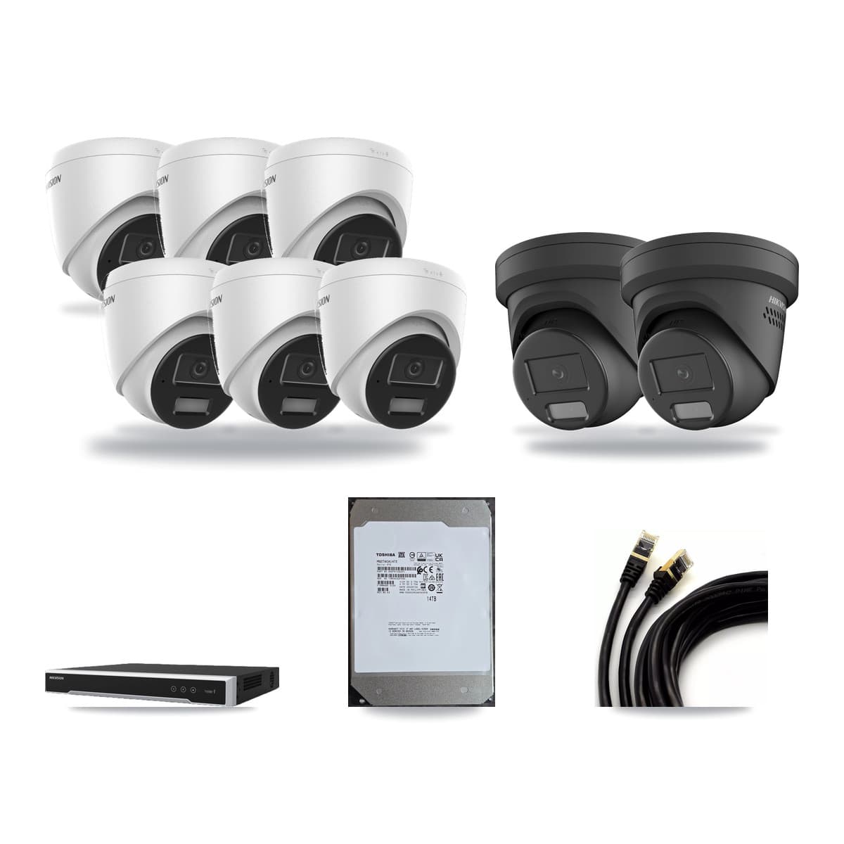 Hikvision 8-Channel 4MP CCTV Kit — 6 DS-2CD1343G2 + 2 DS-2CD2347G2 Turret Cameras + 14TB Recording - Image 1