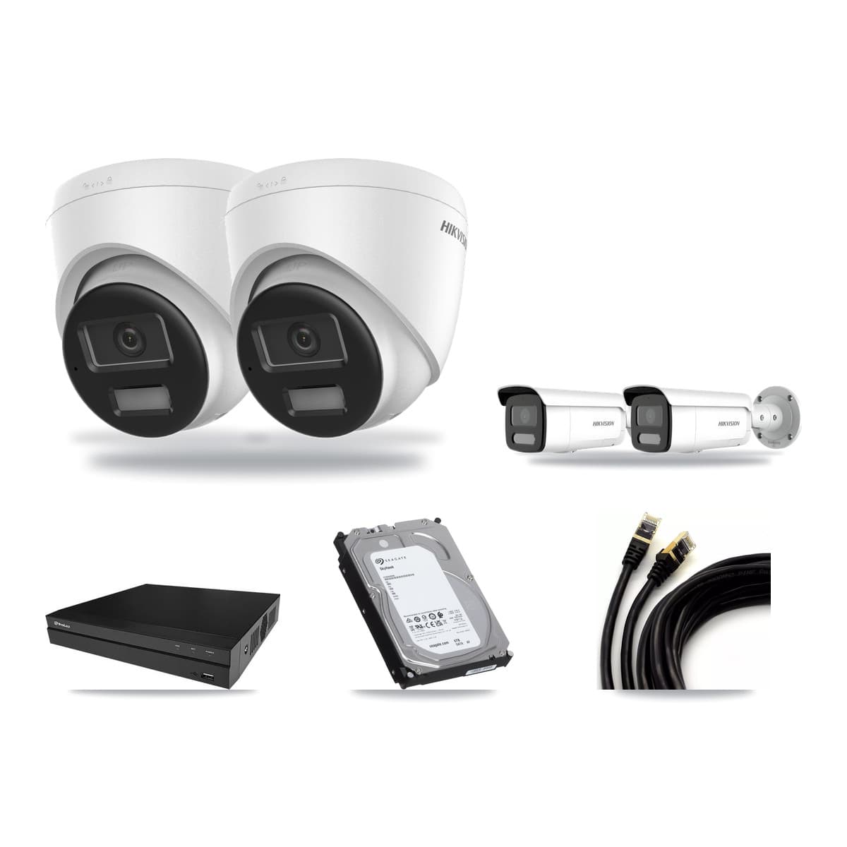 Hikvision & Prolux 8-Channel 4MP – 4K CCTV Kit — 2 DS-2CD1383G2-LIUF/SL 4K Turret + 2 DS-2CD2T47G2H-LISU/SL 4MP Bullet Cameras + 6TB Recording (PXN-2108HS-8P-4K Recorder) - Image 1