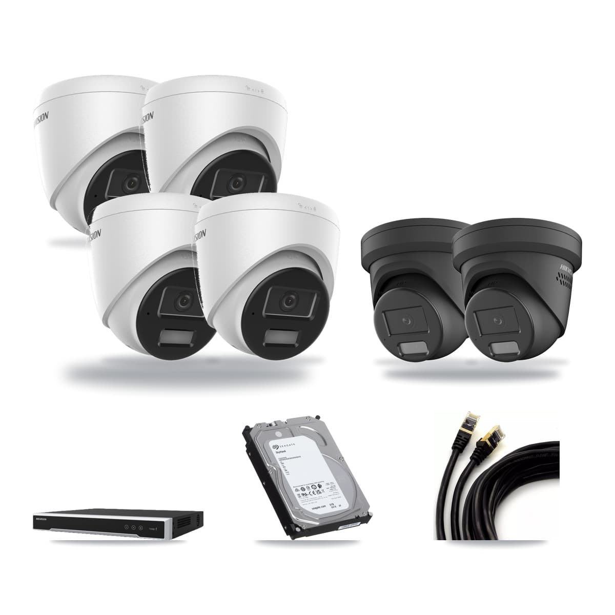 Hikvision 8-Channel 4MP CCTV Kit — 4 DS-2CD1343G2 + 2 Black DS-2CD2347G2 Turret Cameras + 6TB Recording (DS-7608NI-M2 Recorder) - Image 1