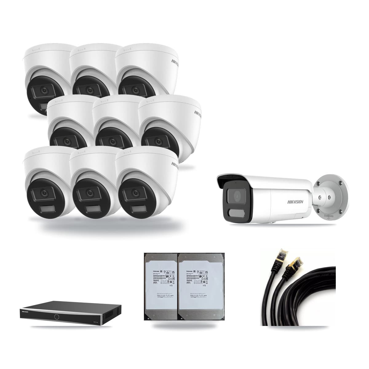 Hikvision 16-Channel 4MP – 4K CCTV Kit — 9 DS-2CD1383G2-LIUF/SL 4K Turret + 1 DS-2CD2T47G2H-LISU/SL 4MP Bullet Cameras + 2× 14TB Recording (DS-7616NXI-K2/16P(E) Recorder) - Image 1