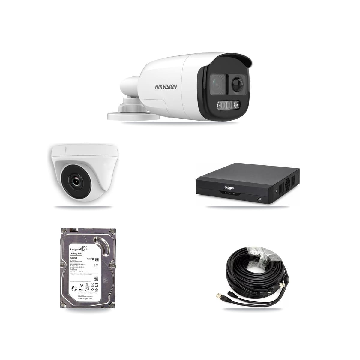 Hikvision & Dahua 4-Channel 2MP – 5MP CCTV Kit — 1 DS-2CE12KF3T 5MP Bullet + 1 White HDT-2MP-N20W 2MP Dome Cameras + 2TB Recording
