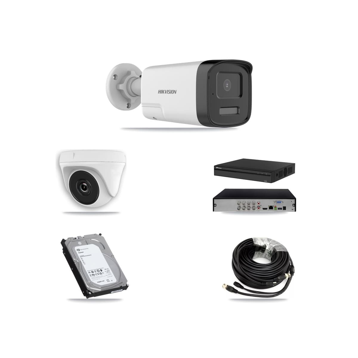 Hikvision & Prolux 8-Channel 2MP – 5MP CCTV Kit — 3 DS-2CE17K0T 5MP Bullet + 3 White HDT-2MP-N20W 2MP Dome Cameras + 6TB Recording (PXD-5108HS Recorder)