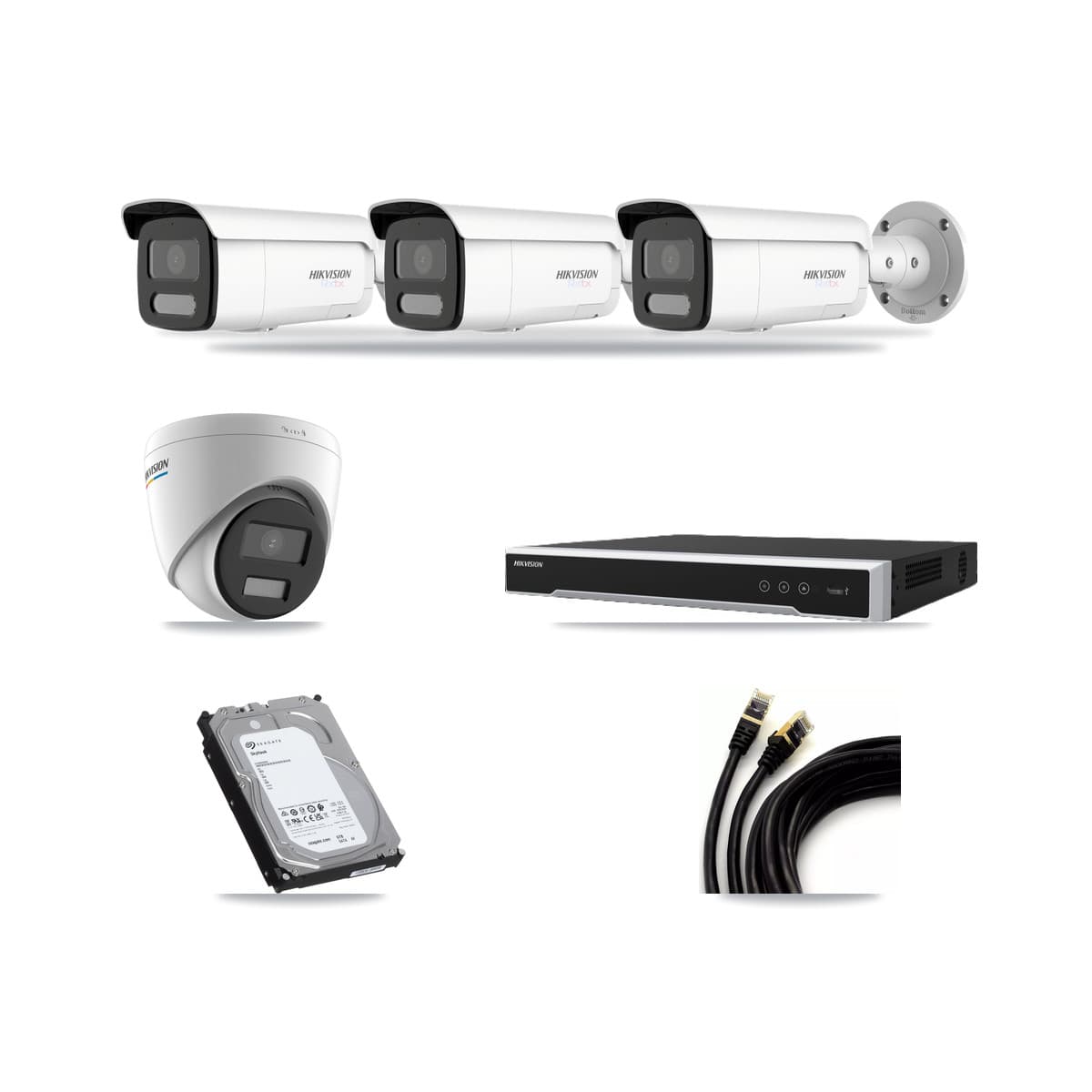 Hikvision 8-Channel 2MP – 4K CCTV Kit — 1 2MP Turret + 3 White 4K Bullet Cameras + 6TB Recording (DS-7608NI-M2 Recorder) - Image 1