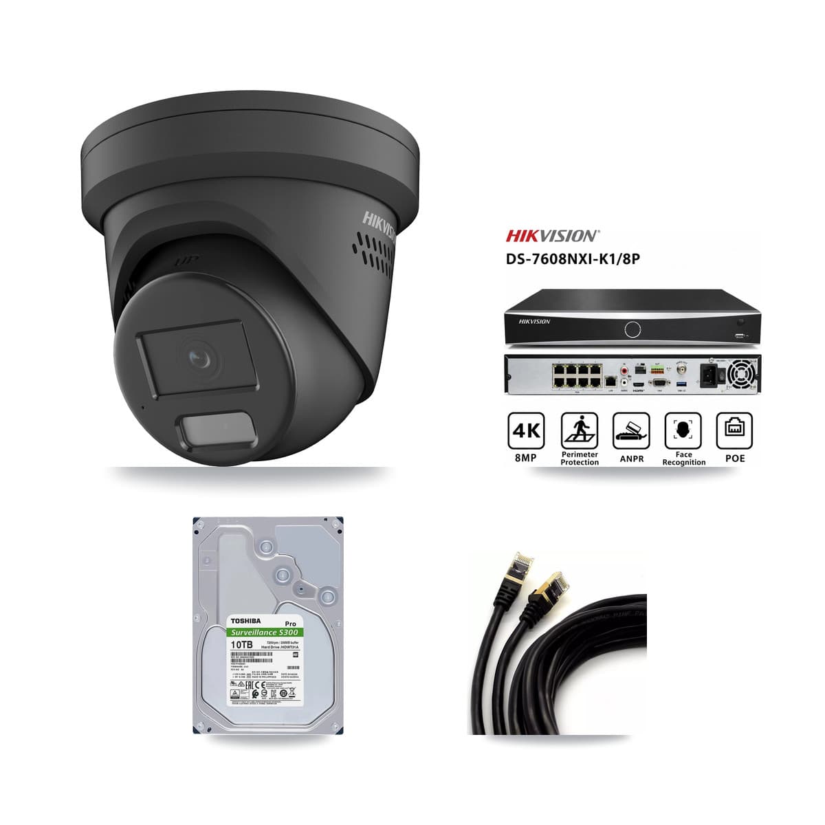 Hikvision 8-Channel 4MP CCTV Kit — 8 Black Turret Cameras + 10TB Recording (DS-7608NXI Recorder)