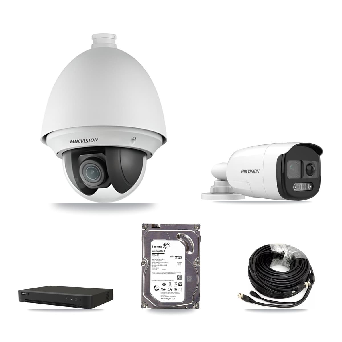 Hikvision 16-Channel 2MP – 5MP CCTV Kit — 1 DS-2AE4225T 2MP PTZ + 1 DS-2CE12KF3T 5MP Bullet Cameras + 2TB Recording (IDS-7216HQHI Recorder)