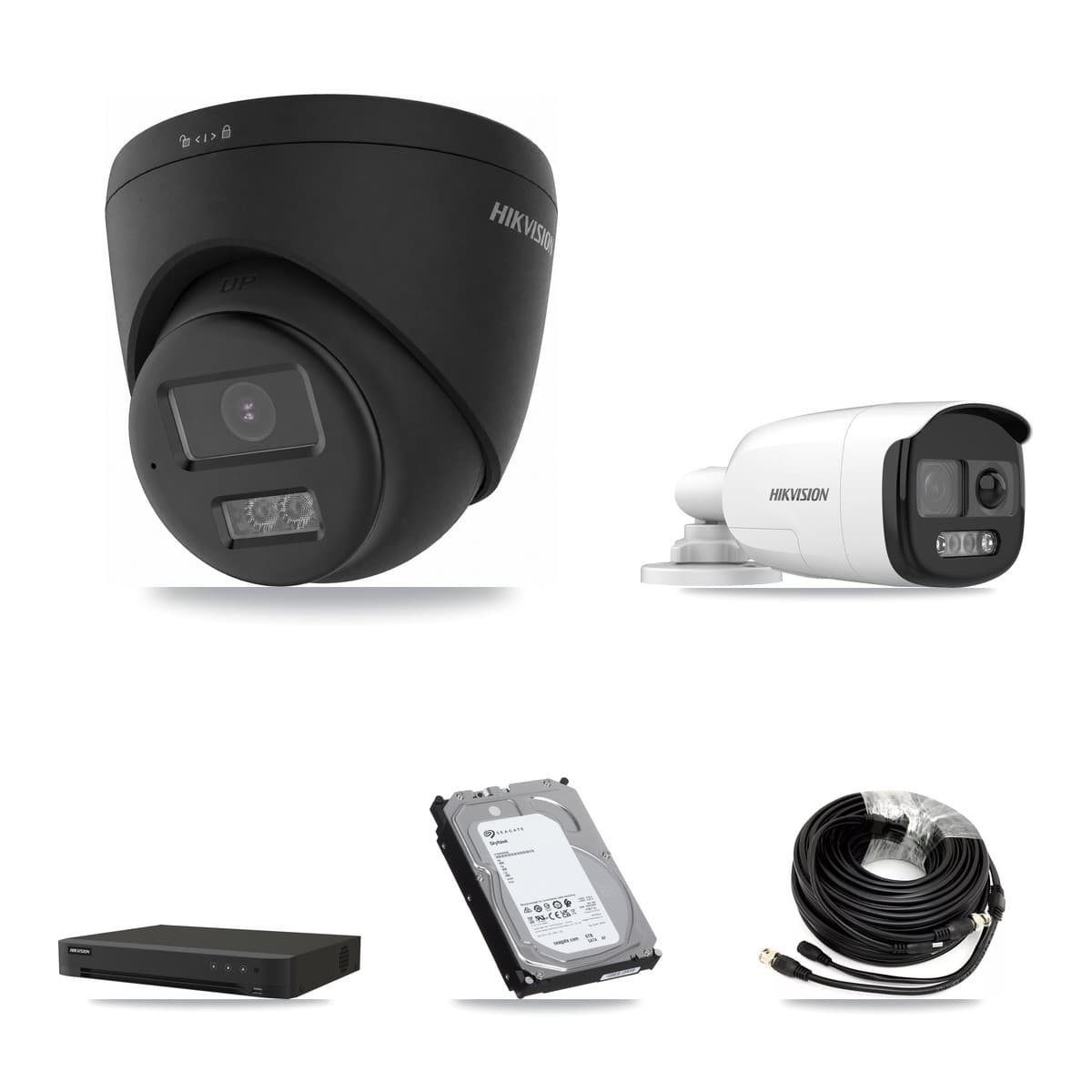 Hikvision 8-Channel 5MP – 4K CCTV Kit — 1 DS-2CE12KF3T-PIRXO 5MP Bullet + 2 Black DS-2CE78U0T-LTS-BLACK 4K Turret Cameras + 6TB Recording (IDS-7208HUHI-M1/XT Recorder) - Image 1