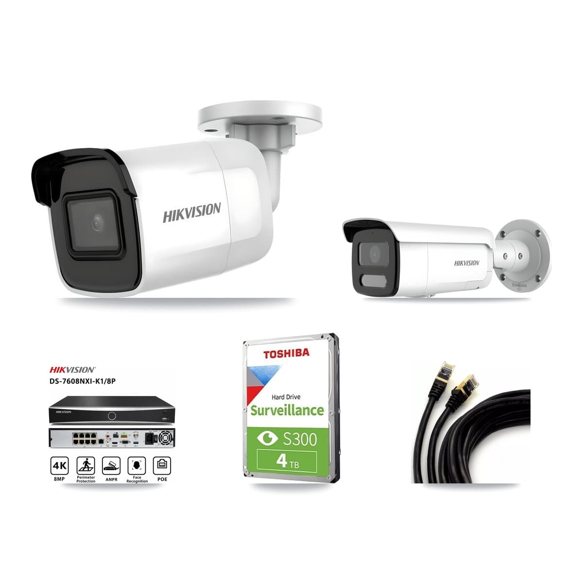 Hikvision 8-Channel 4MP – 4K CCTV Kit — 1 4K + 1 4MP Bullet Cameras + 4TB Recording (DS-7608NXI Recorder) - Image 1