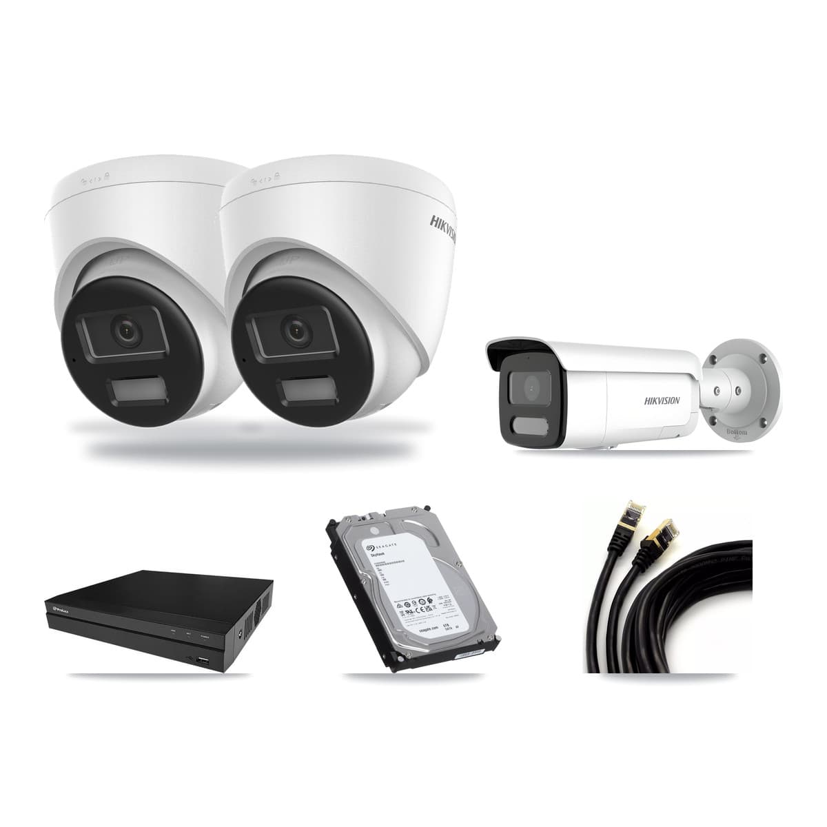 Hikvision & Prolux 8-Channel 4MP – 4K CCTV Kit — 2 DS-2CD1383G2-LIU 4K Turret + 1 DS-2CD2T47G2H-LISU/SL 4MP Bullet Cameras + 6TB Recording (PXN-2108HS-8P-4K Recorder) - Image 1