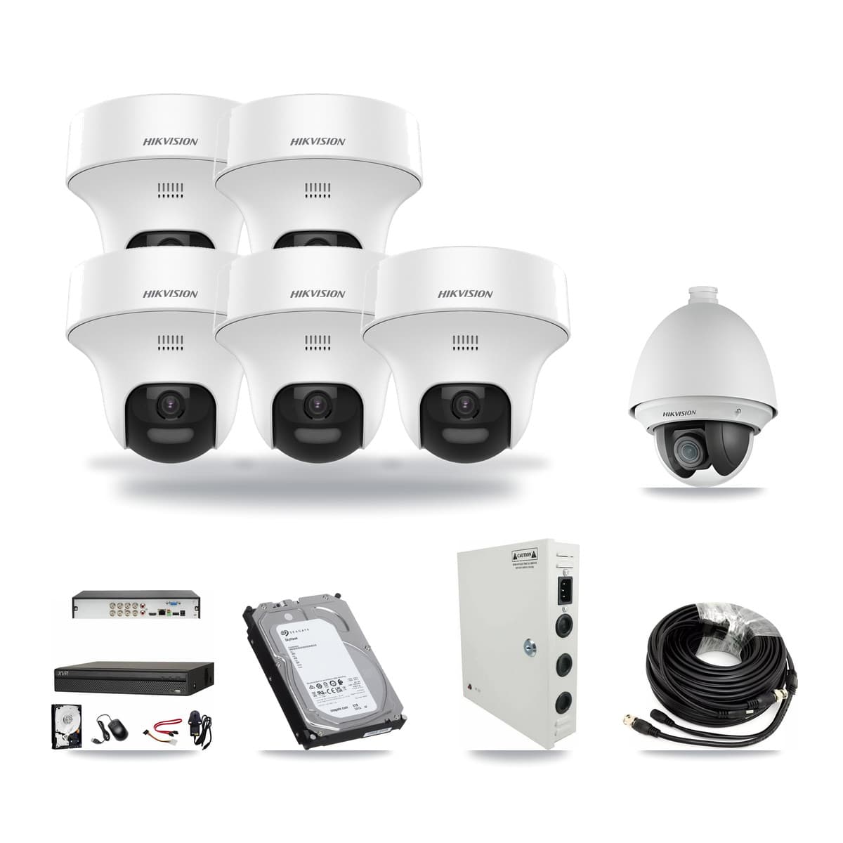 Hikvision & Dahua 8-Channel 2MP – 5MP CCTV Kit — 1 2MP PTZ + 5 5MP Turret Cameras + 6TB Recording - Image 1