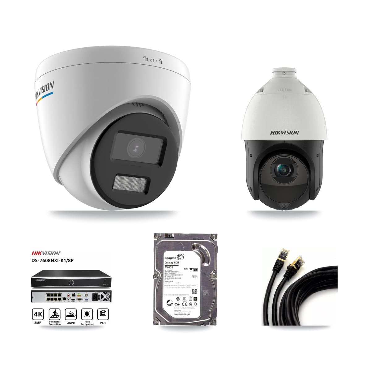 Hikvision 8-Channel 2MP – 4MP CCTV Kit — 1 2MP Turret + 1 4MP PTZ Cameras + 2TB Recording (DS-7608NXI Recorder)