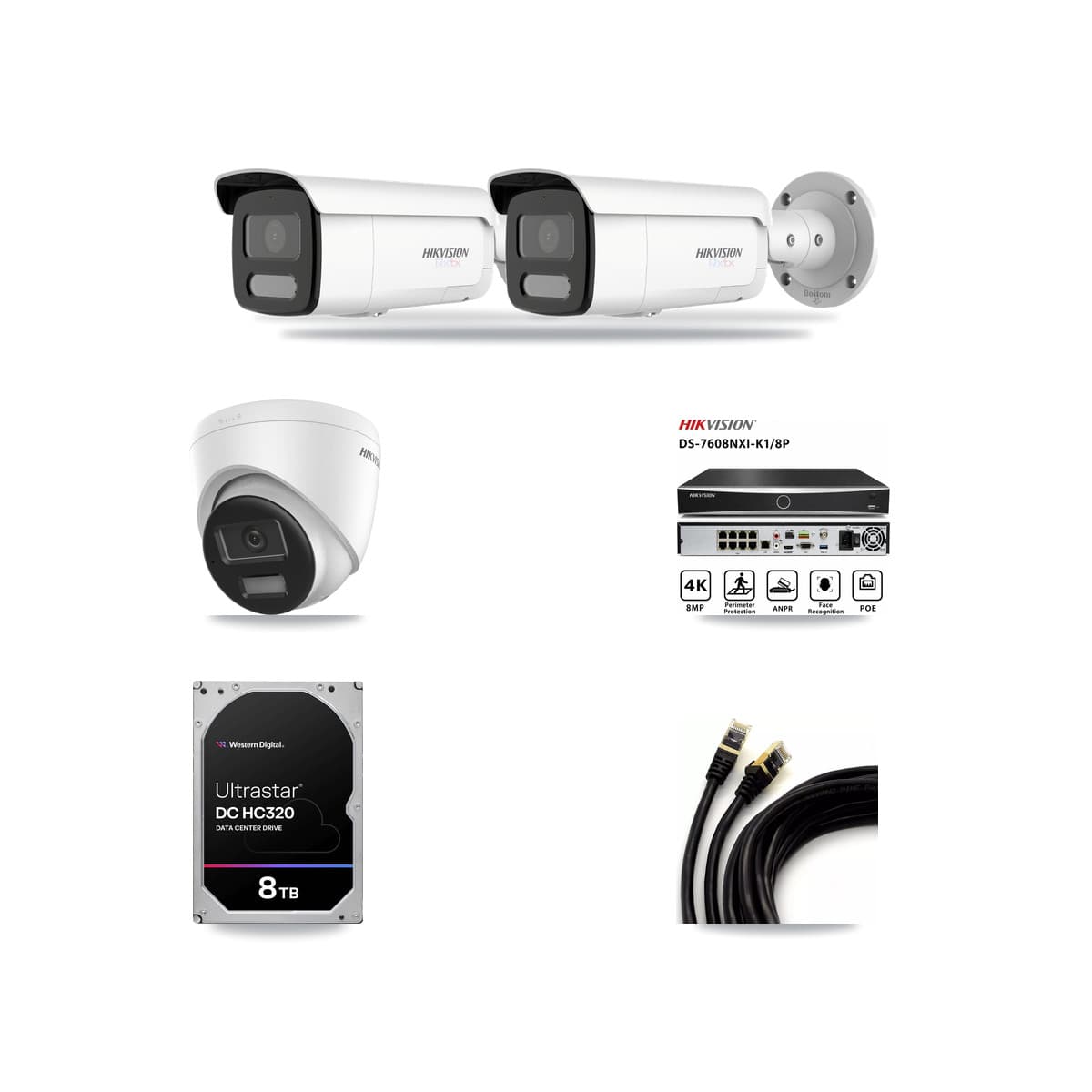 Hikvision 8-Channel 4K CCTV Kit — 1 DS-2CD1383G2-LIUF/SL Turret + 2 White DS-2CD2T87G2H-LISU/SL-2.8MM-W Bullet Cameras + 8TB Recording (DS-7608NXI-K1/8P Recorder) - Image 1