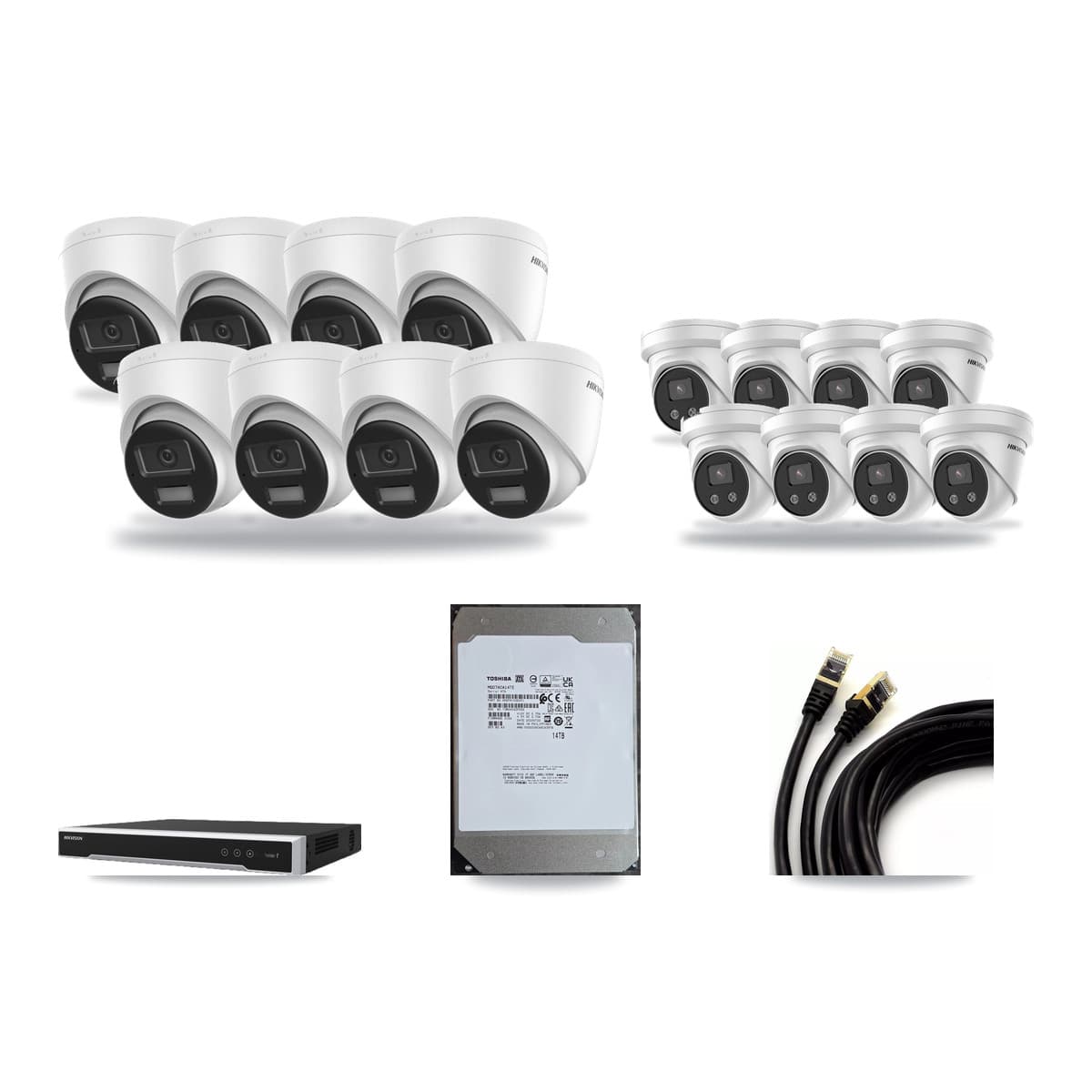 Hikvision 16-Channel 5MP – 4K CCTV Kit — 8 DS-2CD1383G2-LIUF/SL 4K + 8 DS-2CD3356G2-ISU 5MP Turret Cameras + 14TB Recording (DS-7616NI-M2/16P Recorder) - Image 1
