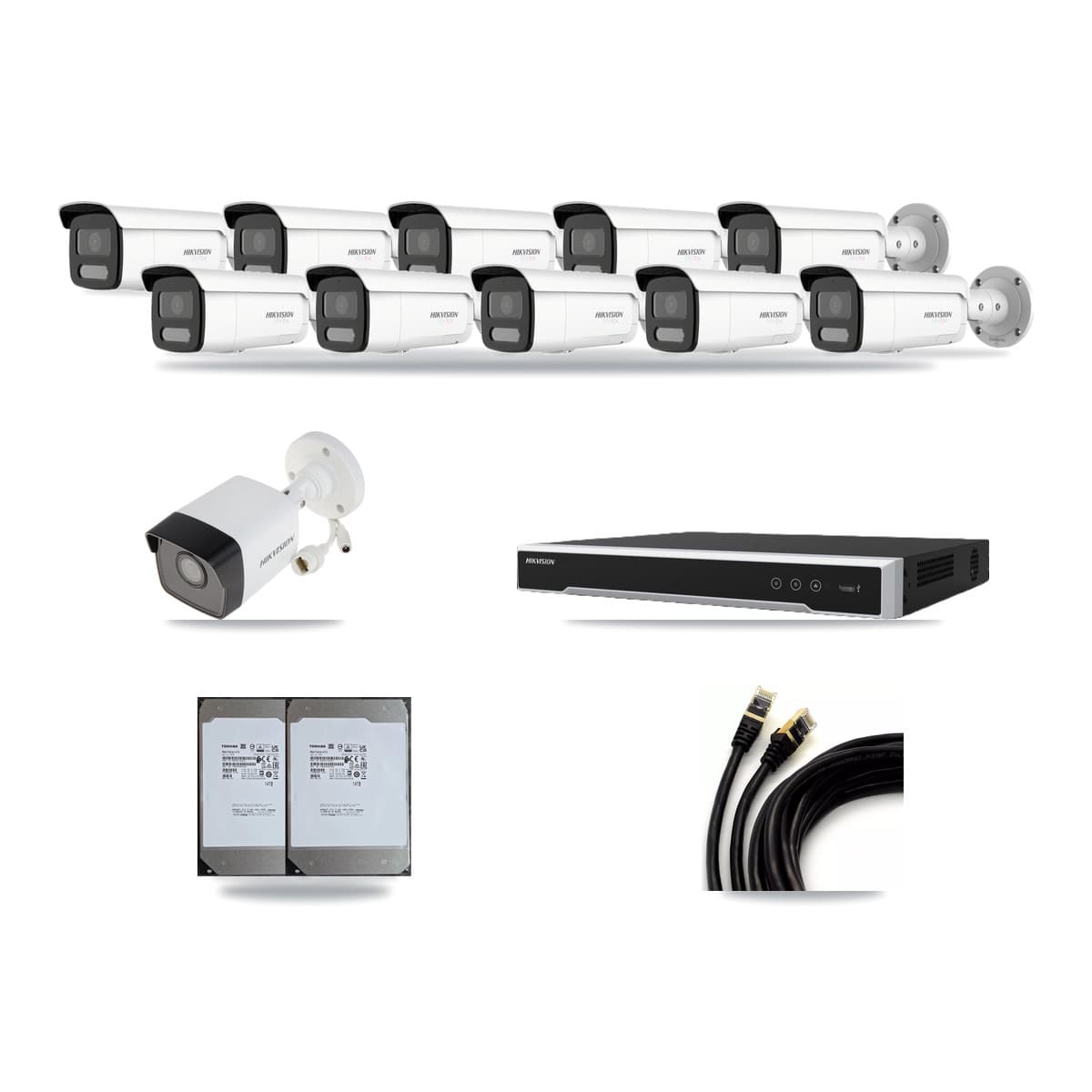 Hikvision 16-Channel 5MP – 4K CCTV Kit — 1 5MP + 10 White 4K Bullet Cameras + 2× 14TB Recording (DS-7616NI-M2 Recorder) - Image 1