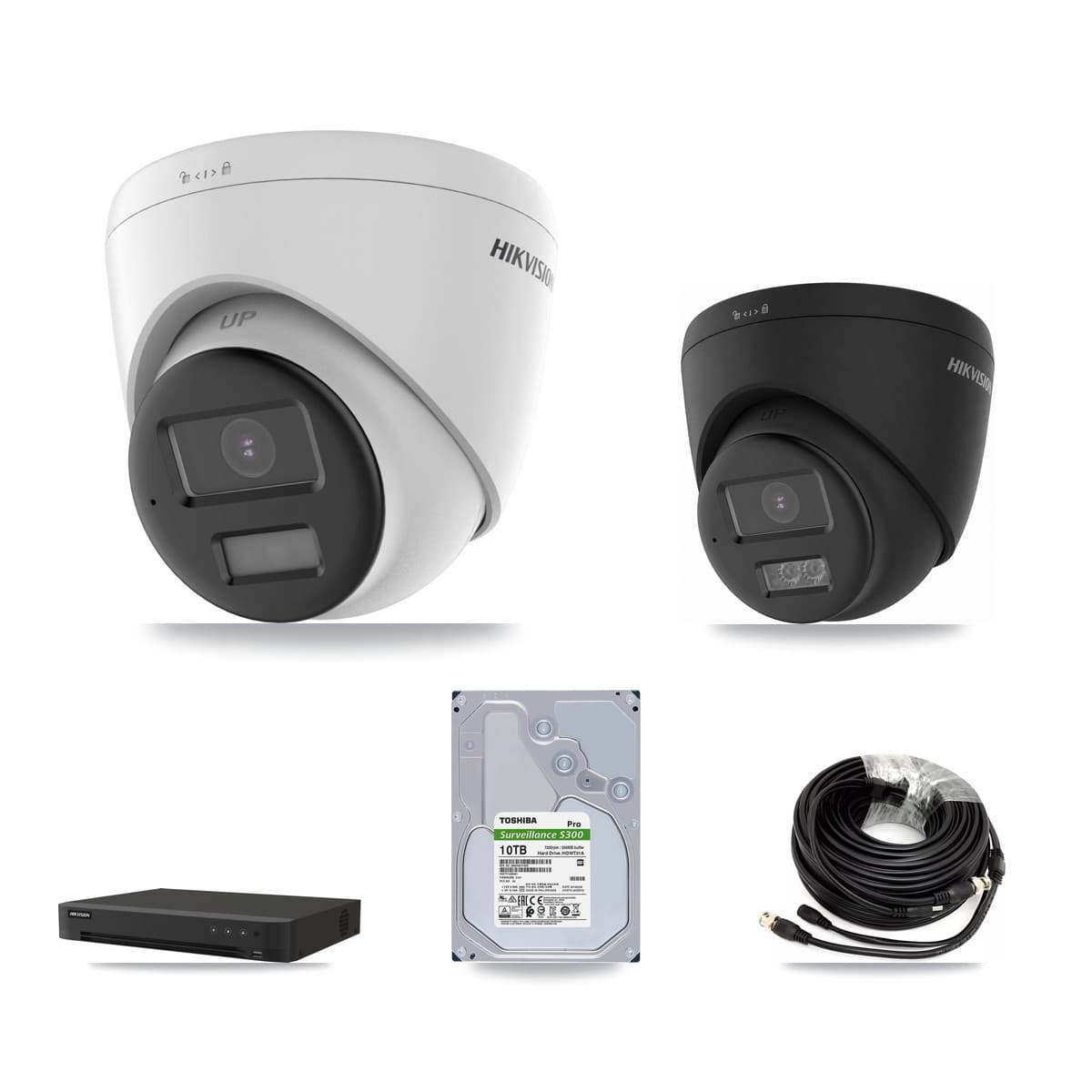 Hikvision 8-Channel 4K CCTV Kit — 3 DS-2CE78U0T-LPTS + 1 Black DS-2CE78U0T-LTS-BLACK Turret Cameras + 10TB Recording (IDS-7208HUHI-M1/XT Recorder)