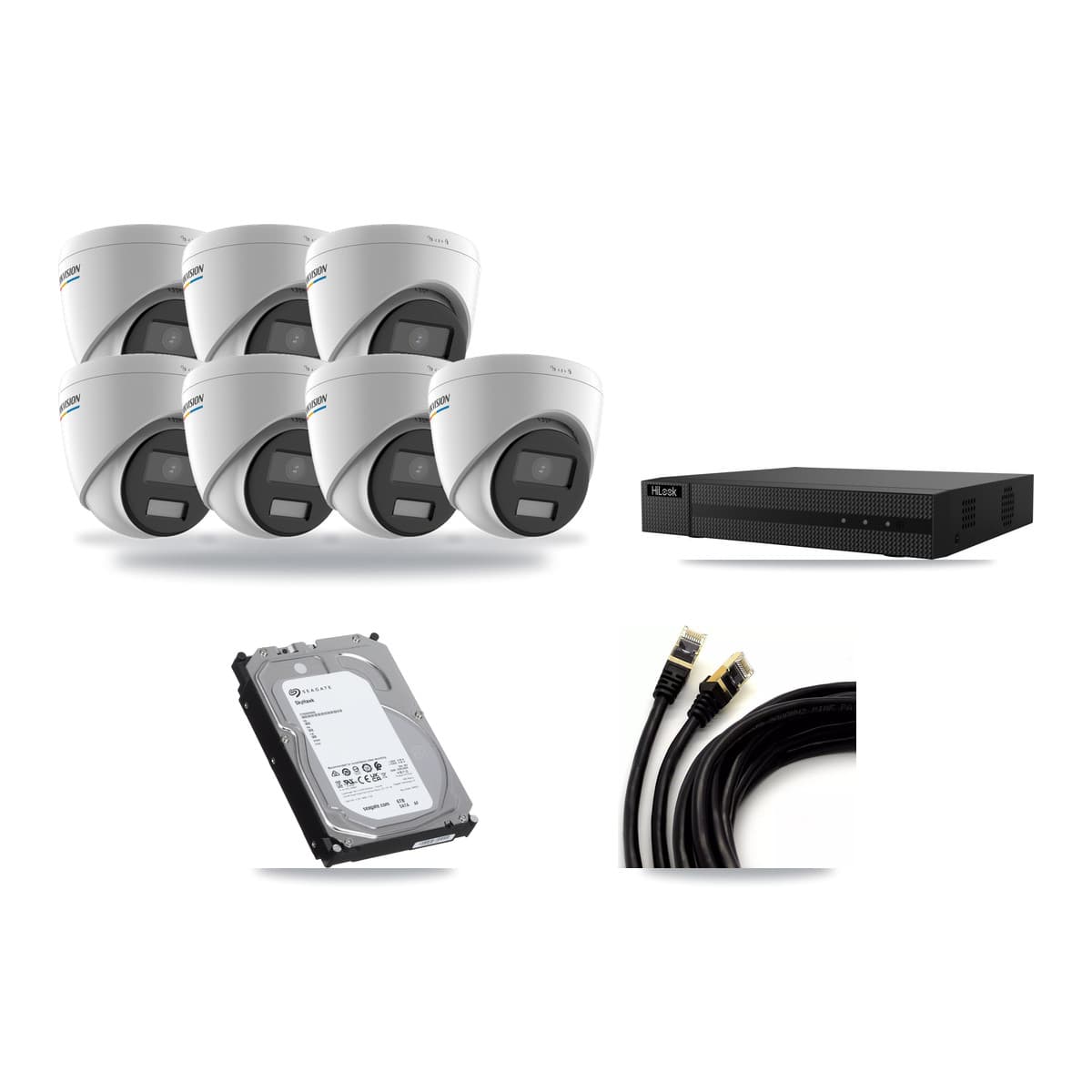 HiLook 8-channel CCTV kit: 8 cameras (7× 2MP Turret + 1× 5MP Dome), 6TB hard drive