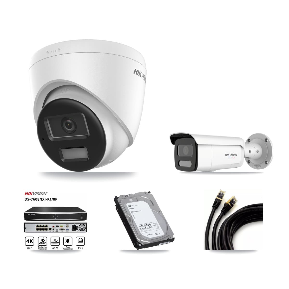 Hikvision 8-Channel 4K CCTV Kit — 1 Turret + 1 White Bullet Cameras + 6TB Recording (DS-7608NXI Recorder)