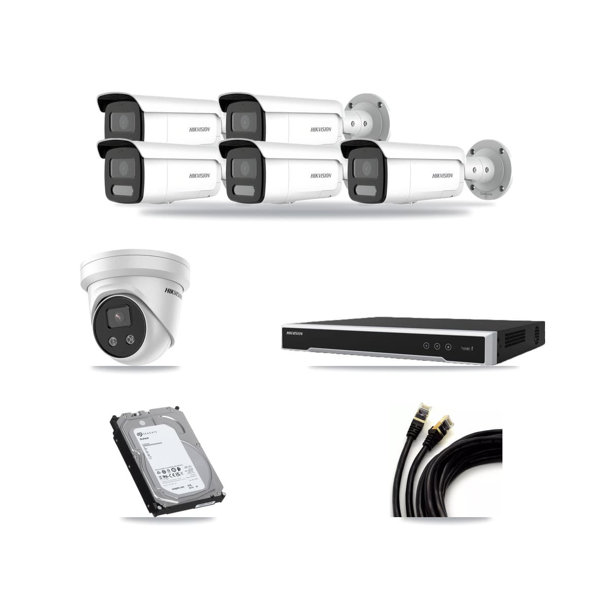 Hikvision 8-Channel 4MP – 5MP CCTV Kit — 5 4MP Bullet + 1 5MP Turret Cameras + 6TB Recording (DS-7608NI-M2 Recorder) - Image 1