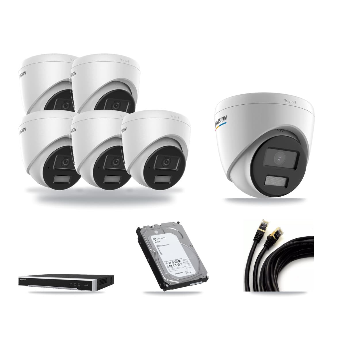Hikvision 8-Channel 2MP – 4MP CCTV Kit — 1 2MP + 5 4MP Turret Cameras + 6TB Recording (DS-7608NI-M2 Recorder) - Image 1
