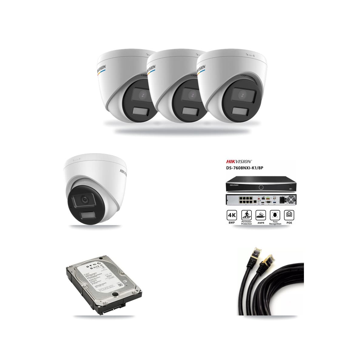 Hikvision 8-Channel 2MP – 4K CCTV Kit — 3 2MP + 1 4K Turret Cameras + 5TB Recording (DS-7608NXI Recorder) - Image 1