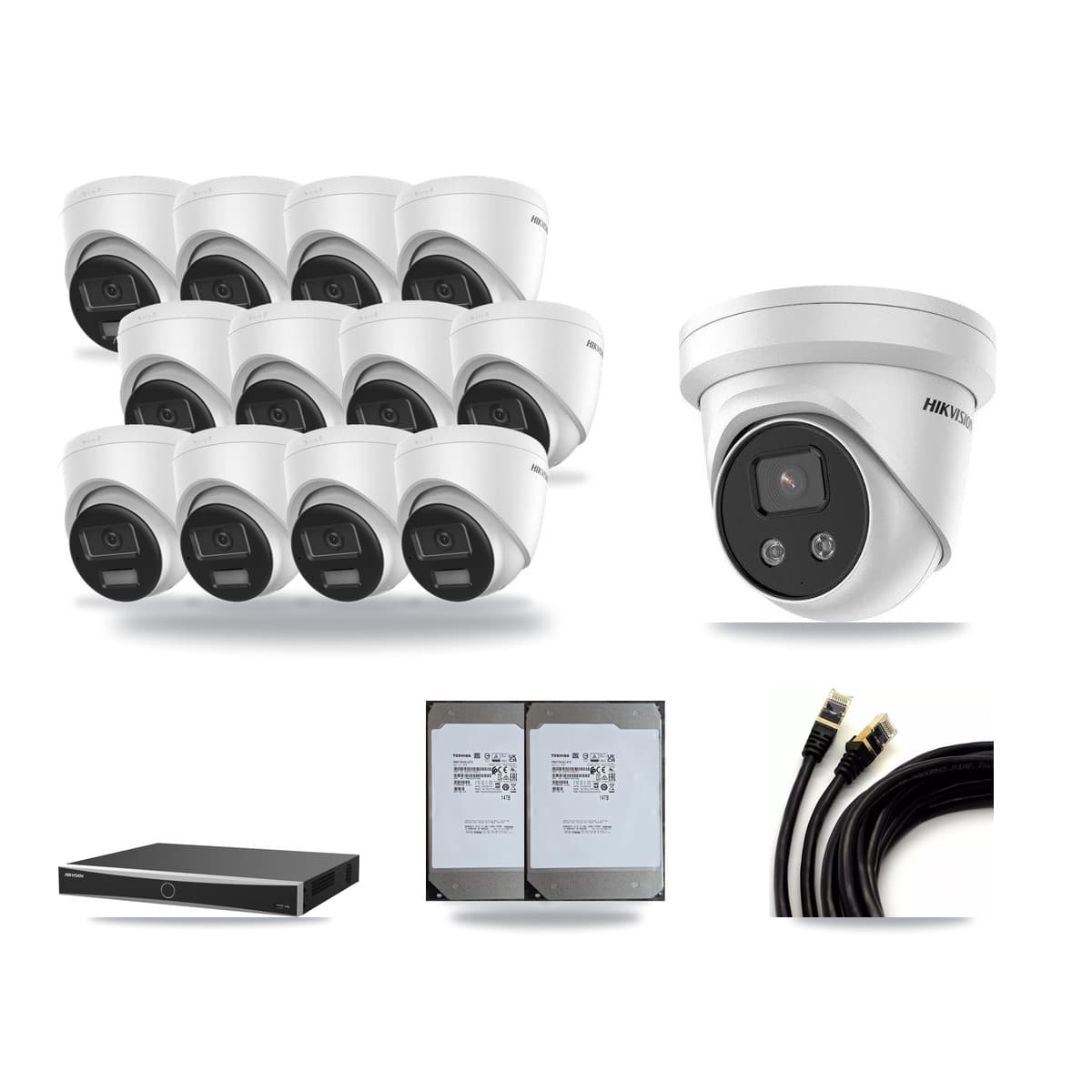 Hikvision 16-Channel 5MP – 4K CCTV Kit — 12 DS-2CD1383G2-LIUF/SL 4K + 1 DS-2CD3356G2-ISU 5MP Turret Cameras + 2× 14TB Recording (DS-7616NXI-K2/16P(E) Recorder) - Image 1