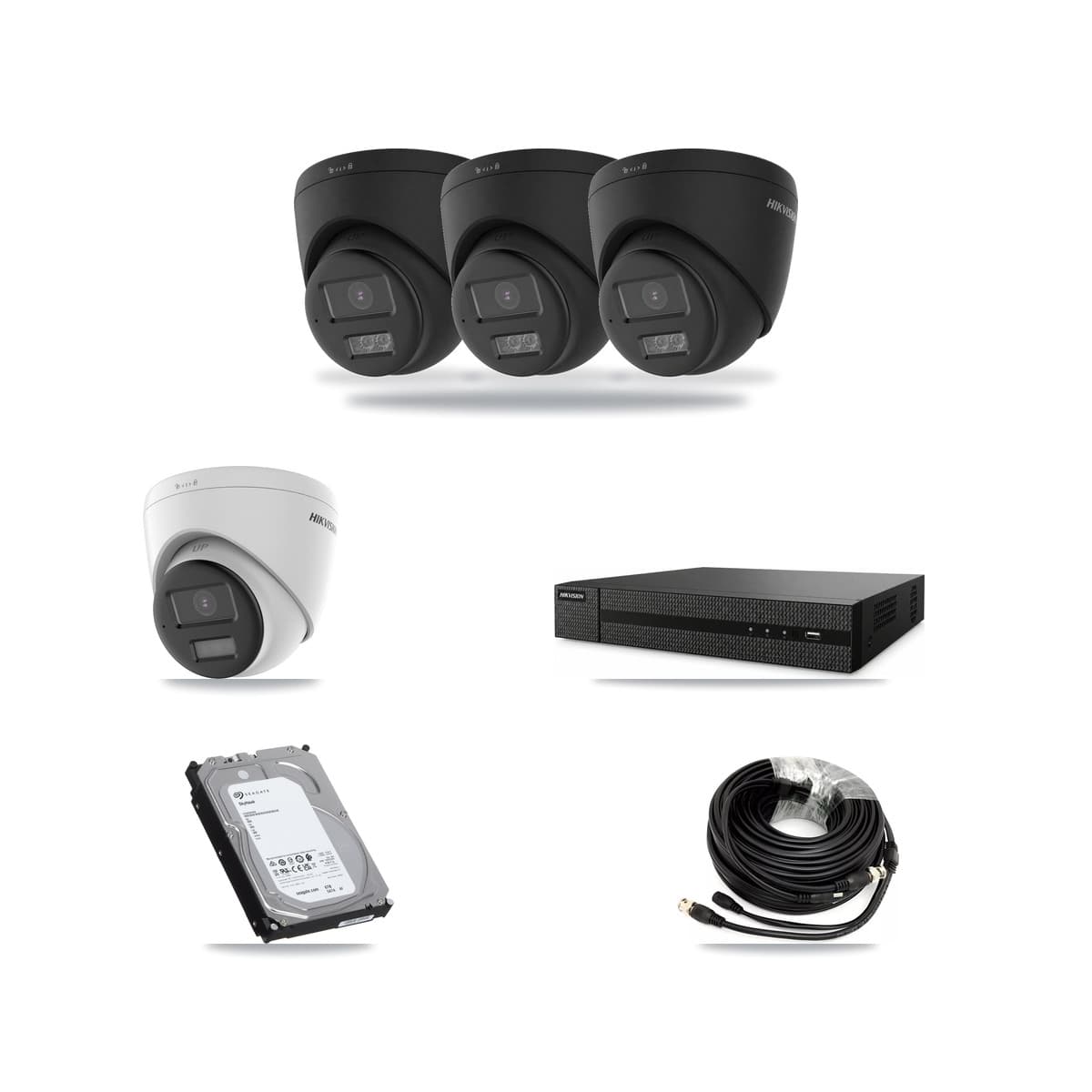 Hikvision 8-Channel 4K CCTV Kit — 1 DS-2CE78U0T + 3 Black DS-2CE78U0T Turret Cameras + 6TB Recording (DVR-8CH Recorder) - Image 1