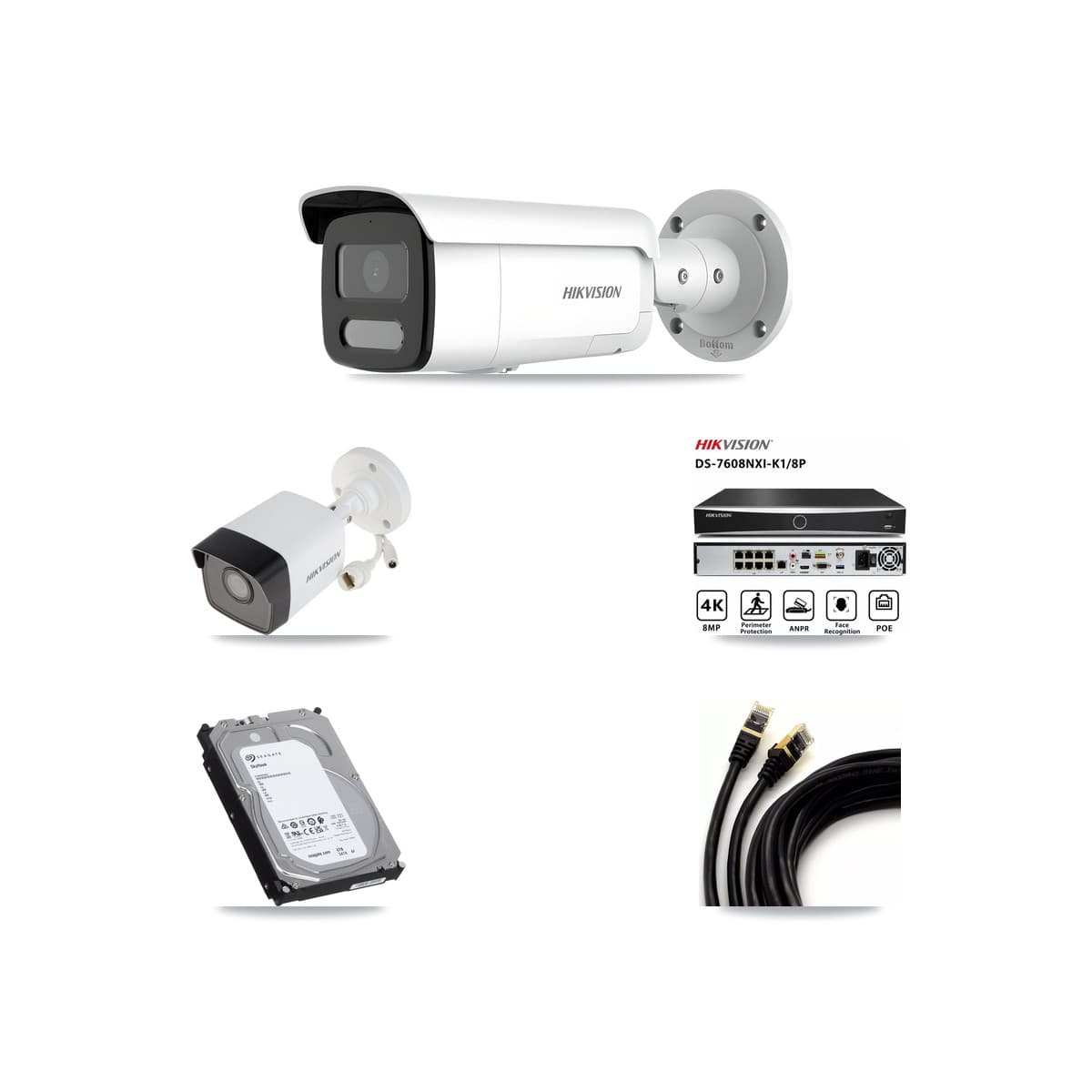 Hikvision 8-Channel 4MP – 5MP CCTV Kit — 1 5MP + 4 4MP Bullet Cameras + 6TB Recording (DS-7608NXI Recorder)