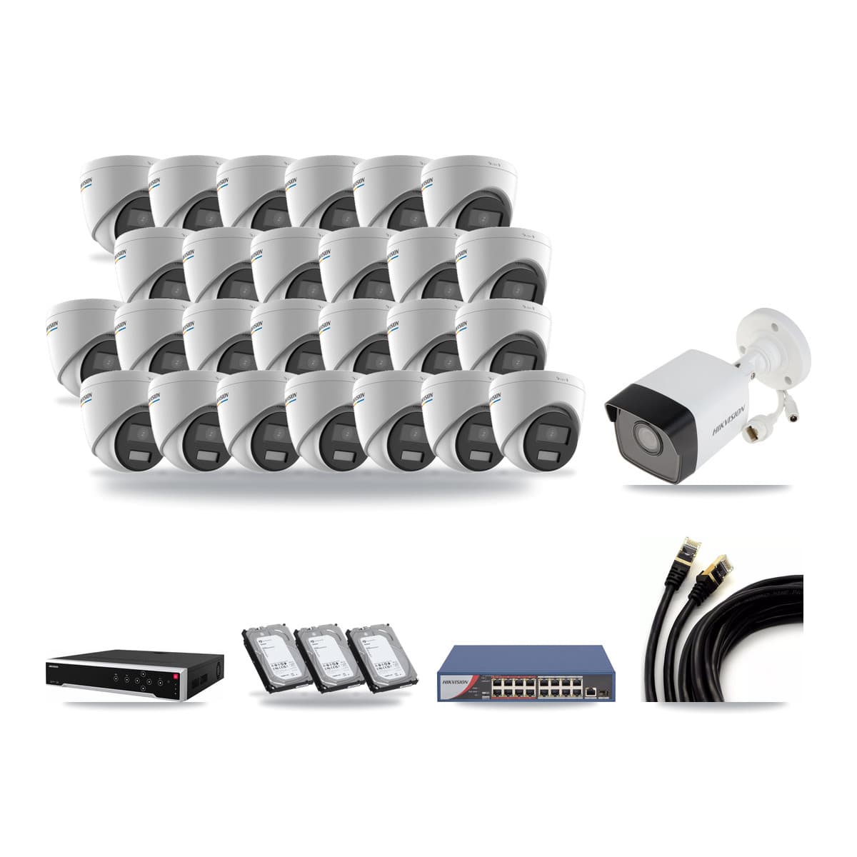 Hikvision 32-Channel 2MP – 5MP CCTV Kit — 1 5MP Bullet + 26 2MP Turret Cameras + 3× 6TB Recording - Image 1