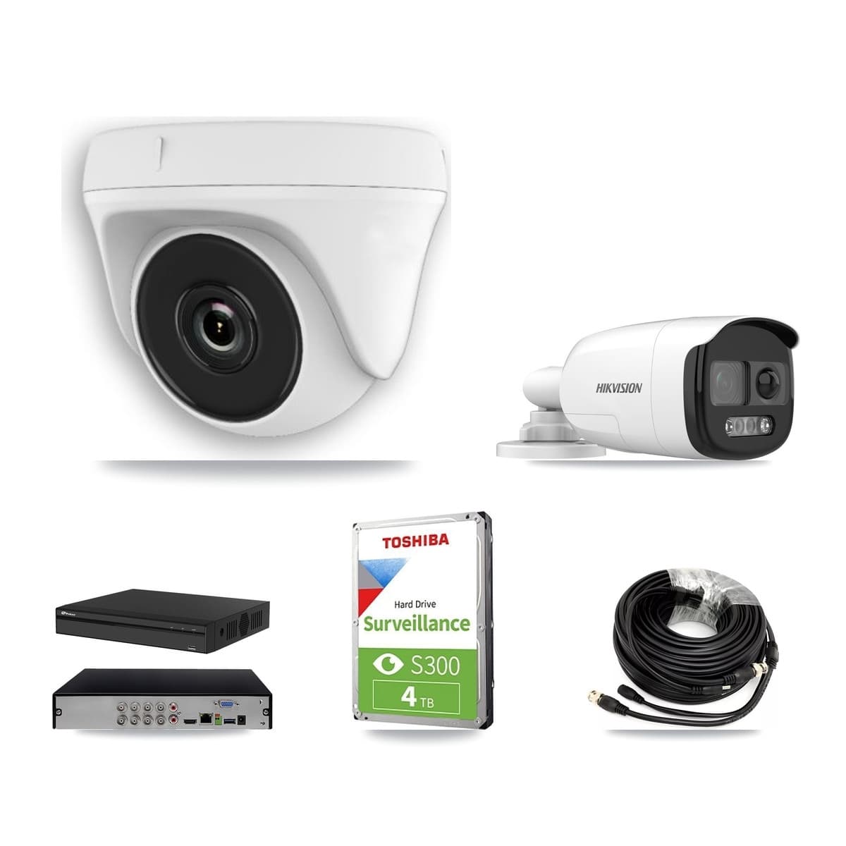 Hikvision & Prolux 8-Channel 2MP – 5MP CCTV Kit — 1 DS-2CE12KF3T 5MP Bullet + 4 White HDT-2MP-N20W 2MP Dome Cameras + 4TB Recording