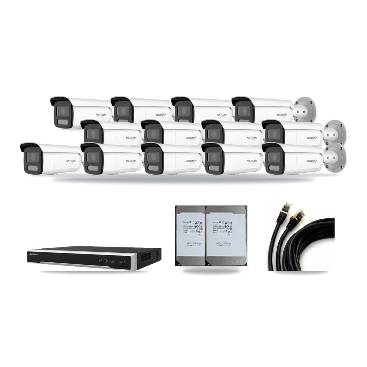 Hikvision 16-Channel 4MP – 4K CCTV Kit — 4 4MP + 9 White 4K Bullet Cameras + 2× 14TB Recording (DS-7616NI-M2 Recorder) - Image 1