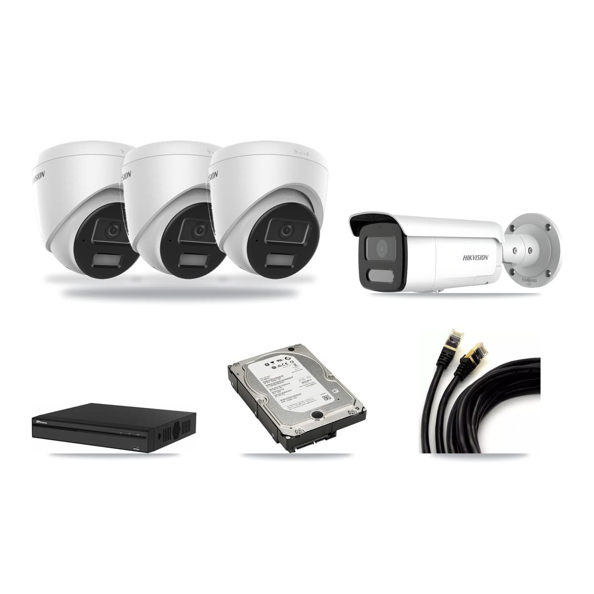 Hikvision & Prolux 4-Channel 4MP CCTV Kit — 3 DS-2CD1343G2 Turret + 1 DS-2CD2T47G2H Bullet Cameras + 5TB Recording - Image 1
