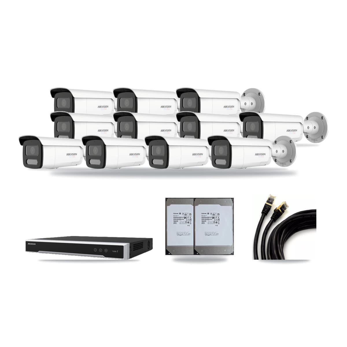 Hikvision 16-Channel 4MP – 4K CCTV Kit — 1 4MP + 10 White 4K Bullet Cameras + 2× 14TB Recording (DS-7616NI-M2 Recorder) - Image 1