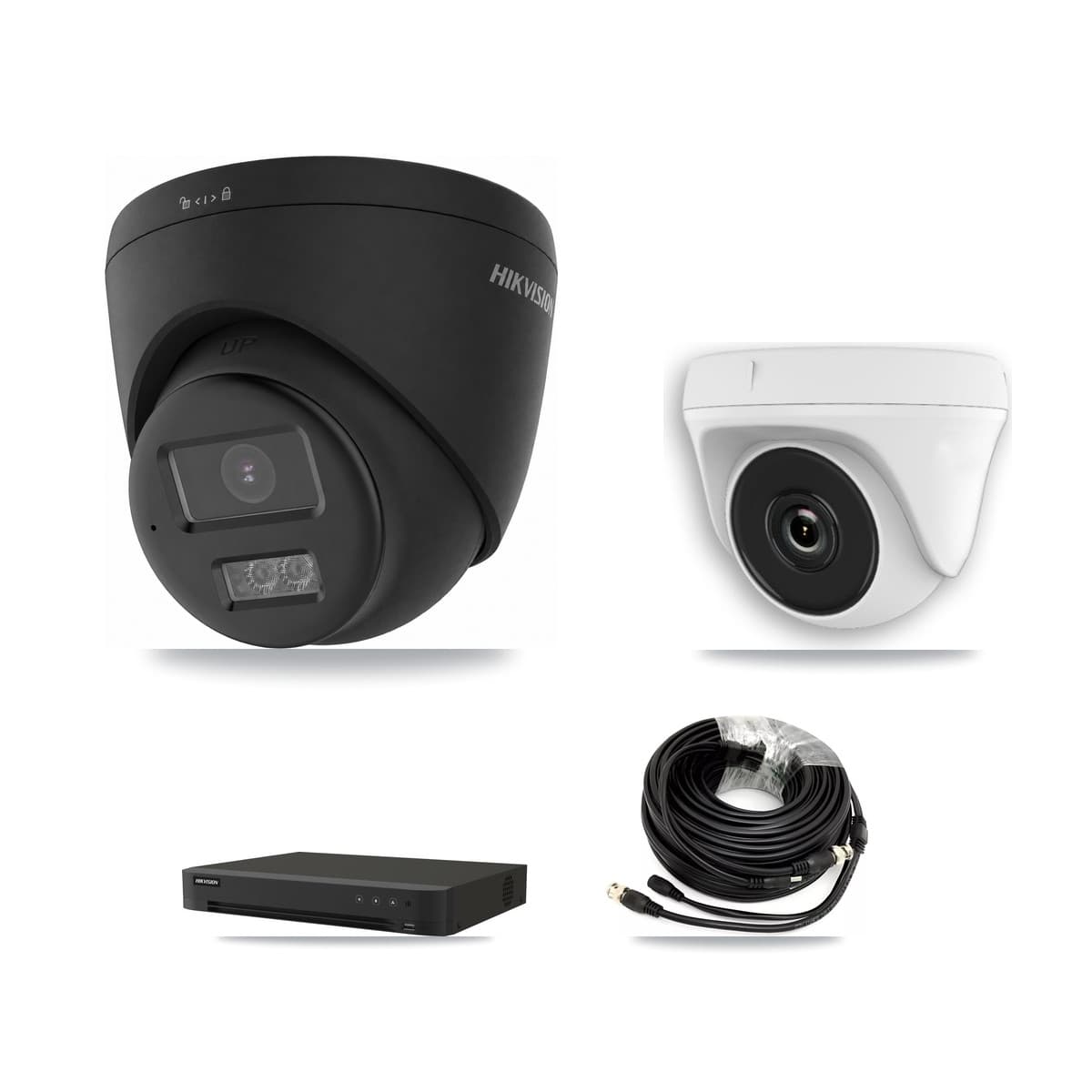 Hikvision 8-Channel 2MP – 4K CCTV Kit — 1 Black DS-2CE78U0T-LTS-BLACK 4K Turret + 1 White HDT-2MP-N20W-2.8MM 2MP Dome Cameras + 3TB Recording (IDS-7208HUHI-M1/XT Recorder)