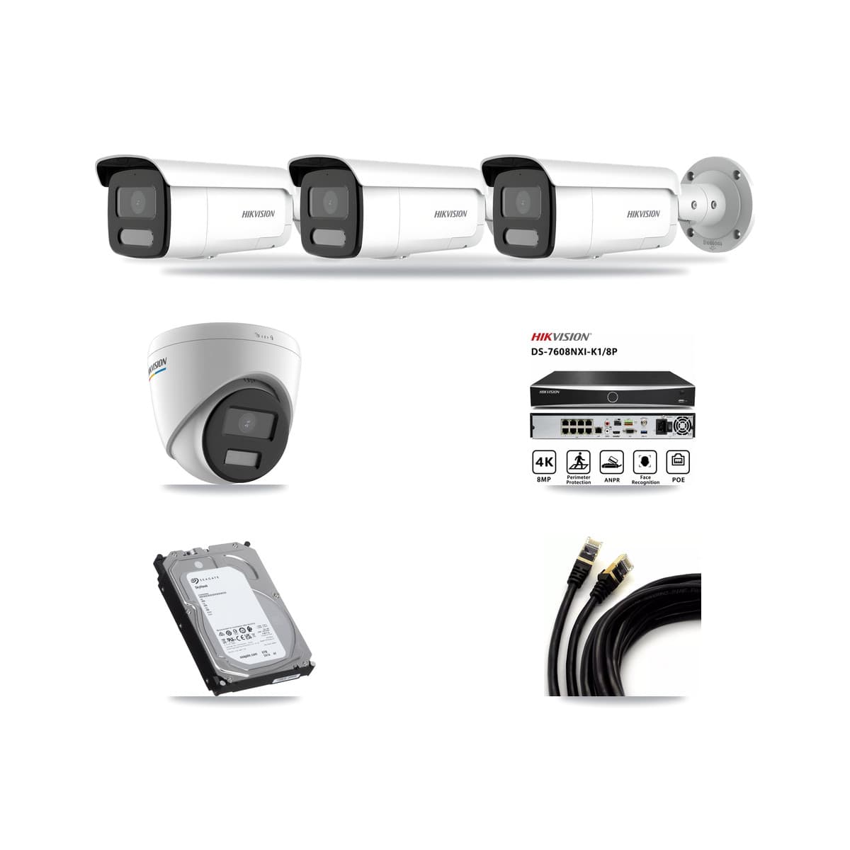 Hikvision 8-Channel 2MP – 4MP CCTV Kit — 1 2MP Turret + 3 4MP Bullet Cameras + 6TB Recording (DS-7608NXI Recorder) - Image 1