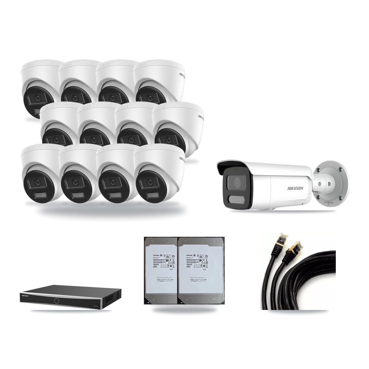 Hikvision 16-Channel 4MP – 4K CCTV Kit — 12 DS-2CD1383G2-LIU 4K Turret + 1 DS-2CD2T47G2H-LISU/SL 4MP Bullet Cameras + 2× 14TB Recording (DS-7616NXI-K2/16P(E) Recorder) - Image 1