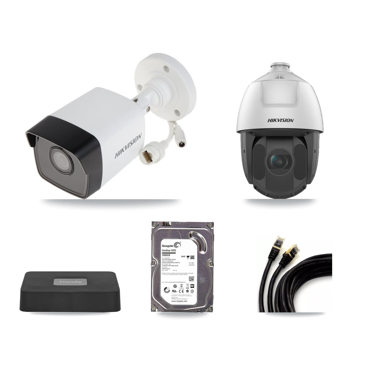 Hikvision & Tiandy 4-Channel 2MP – 5MP CCTV Kit — 1 5MP Bullet + 1 2MP PTZ Cameras + 2TB Recording