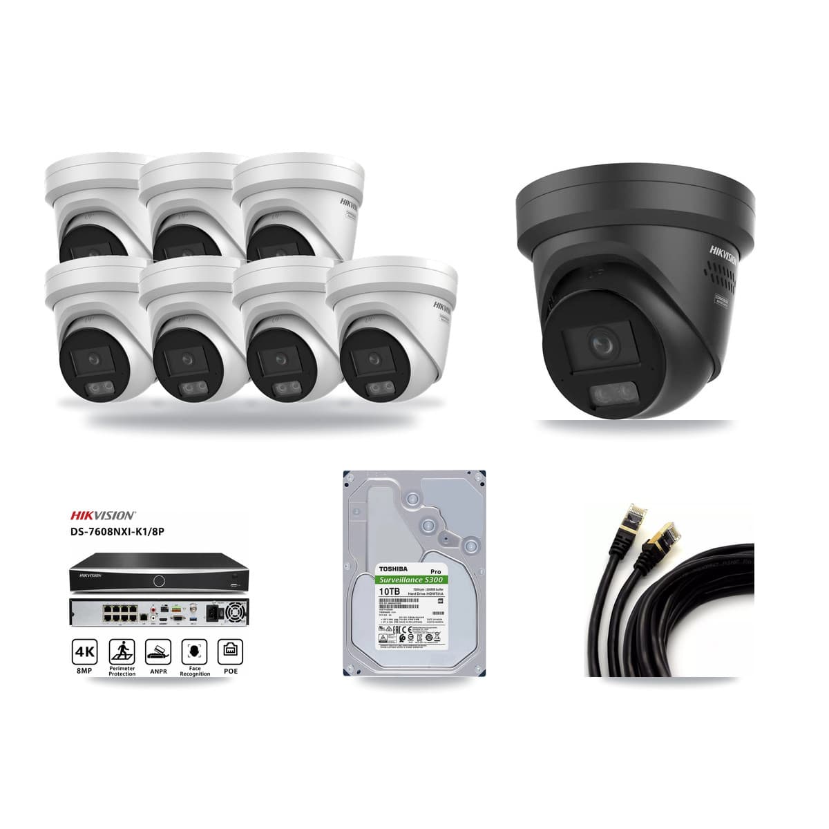 Hikvision 8-Channel 4K CCTV Kit — 7 DS-2CD2387G3 + 1 Black DS-2CD2387G3 Turret Cameras + 10TB Recording - Image 1