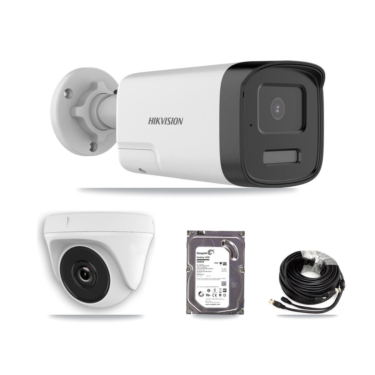 Hikvision 32-Channel 2MP – 5MP CCTV Kit — 1 DS-2CE17K0T 5MP Bullet + 1 White HDT-2MP-N20W 2MP Dome Cameras + 2TB Recording (IDS-7332HUHI Recorder)
