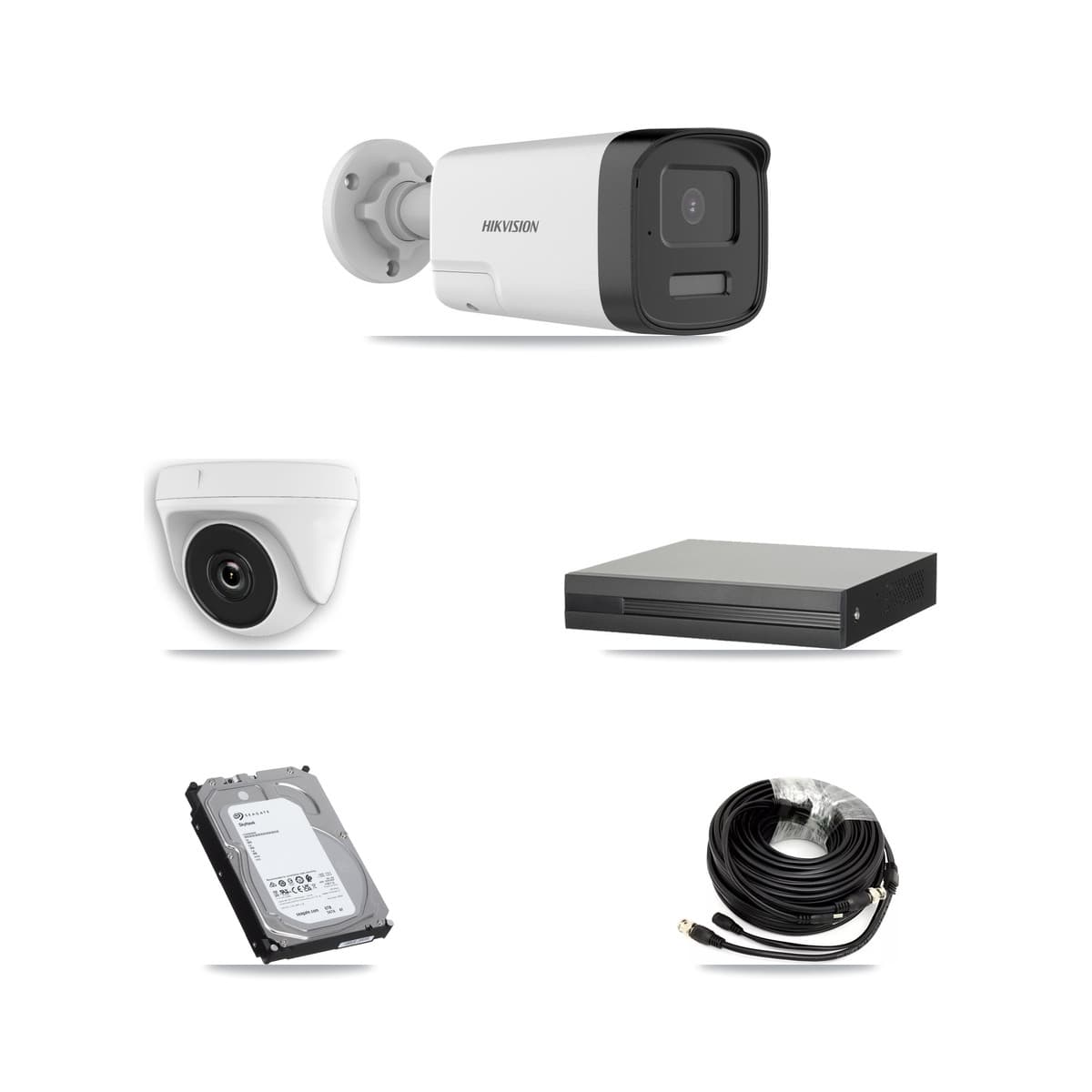 Hikvision 4-Channel 2MP – 5MP CCTV Kit — 3 DS-2CE17K0T 5MP Bullet + 1 White HDT-2MP-N20W 2MP Dome Cameras + 6TB Recording (XVR-3104HS Recorder)