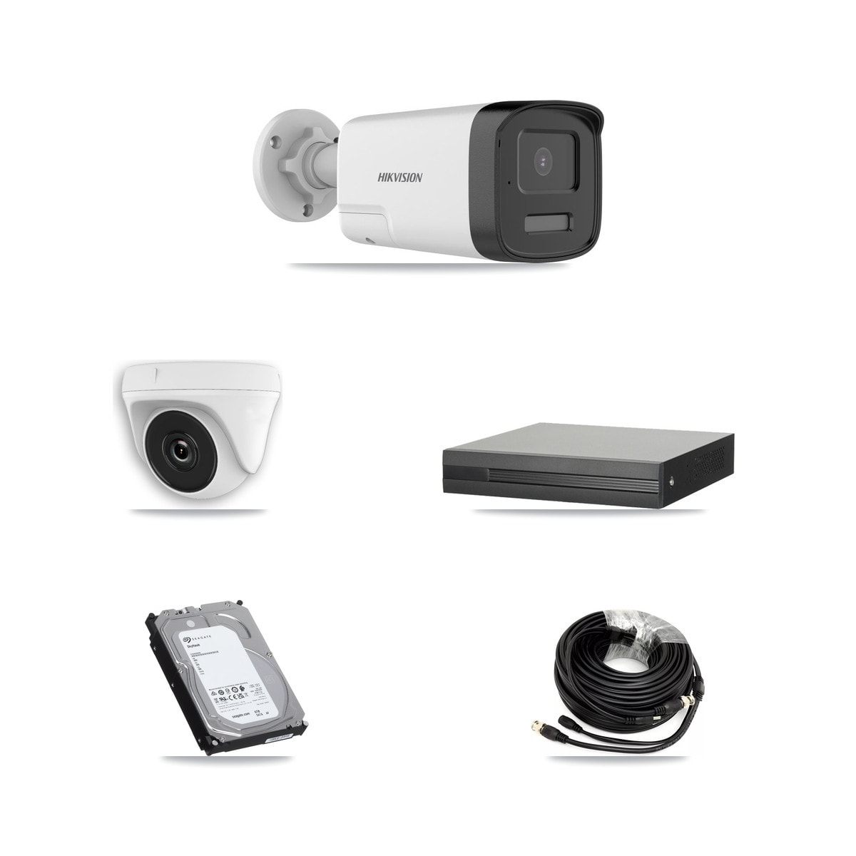XVR-3104HS-5MP-LITE 4-Channel DVR CCTV Kit — 3× Hikvision DS-2CE17K0T-LXTS 5MP Bullet + 1× HDT-2MP-N20W-2.8MM White 2MP Dome Cameras + 6TB HDD