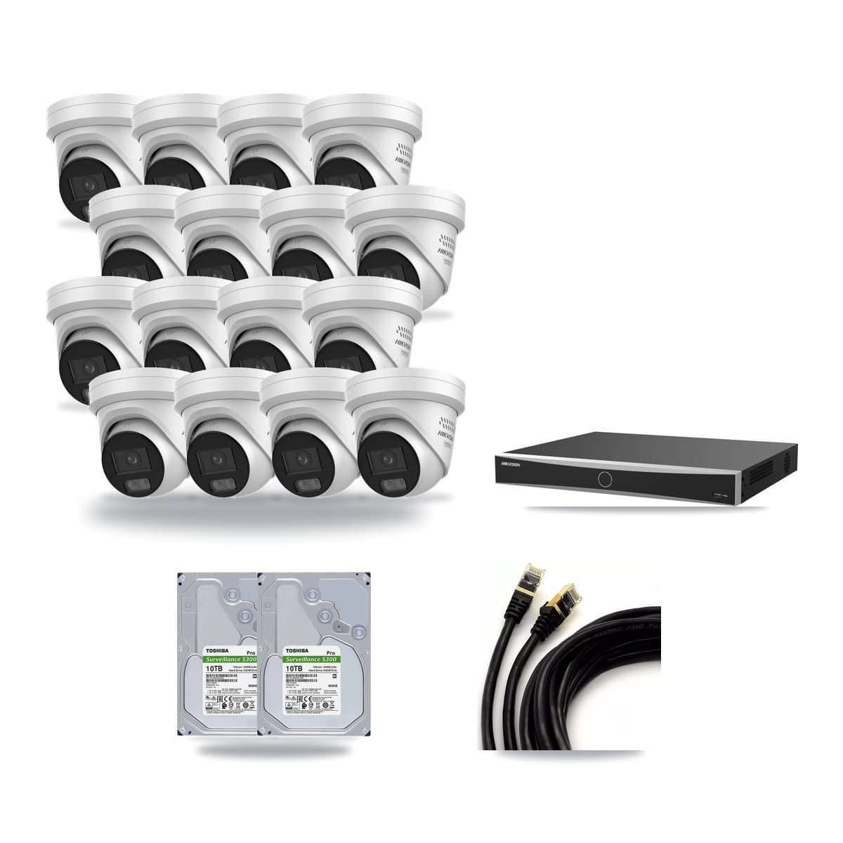 Hikvision 16-Channel 4MP CCTV Kit — 16 DS-2CD2347G3 Turret Cameras + 2× 10TB Recording (DS-7616NXI Recorder) - Image 1
