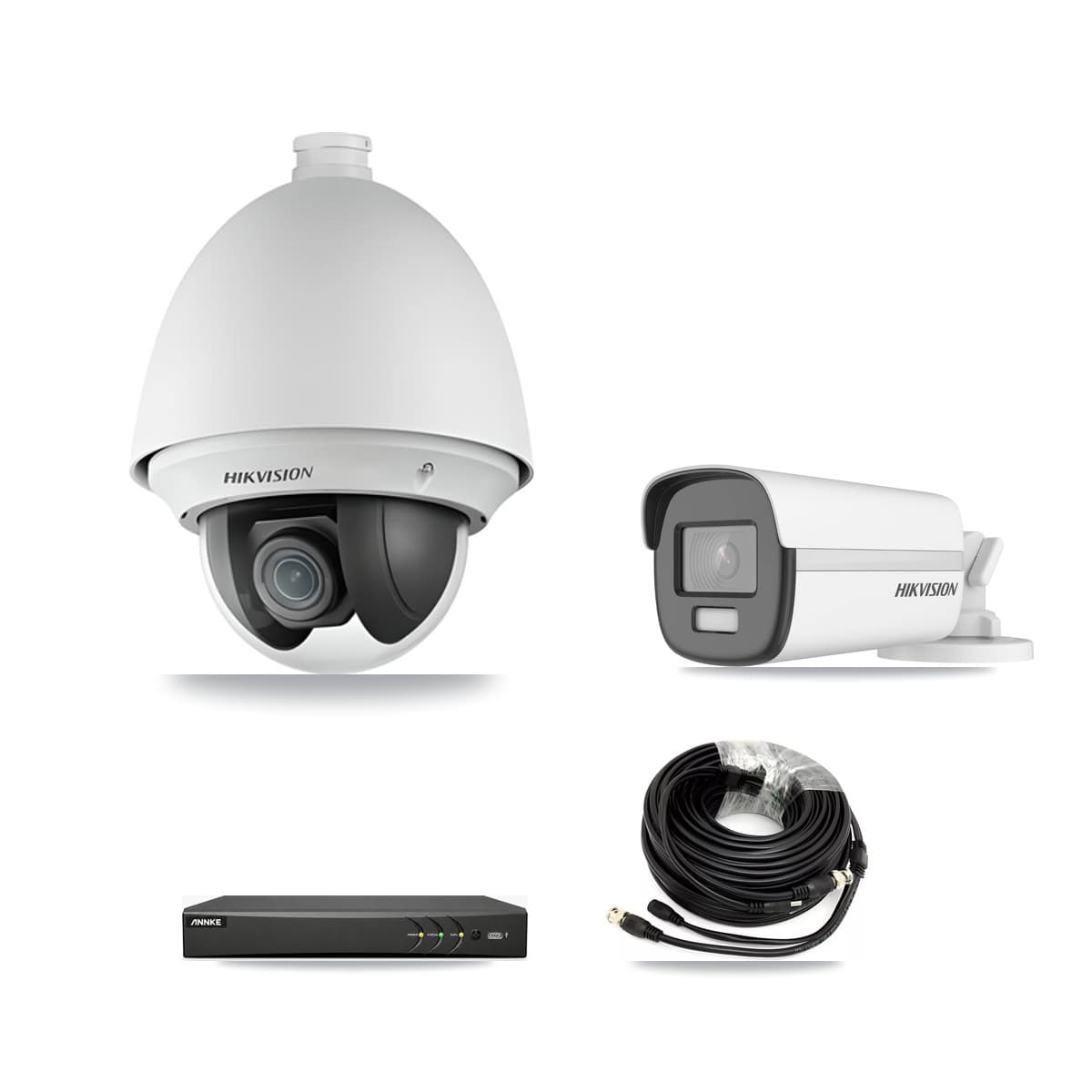 Hikvision & ANNKE 4-Channel 2MP – 4K CCTV Kit — 1 DS-2AE4225T 2MP PTZ + 1 DS-2CE12UF3T 4K Bullet Cameras + 3TB Recording