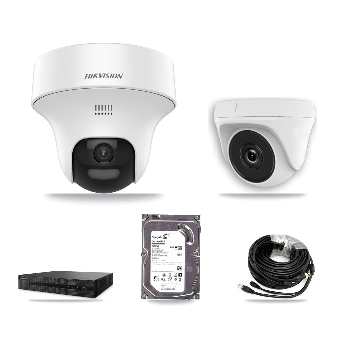 Hikvision 8-Channel 2MP – 5MP CCTV Kit — 1 DS-2CE70K0T 5MP Turret + 1 White HDT-2MP-N20W 2MP Dome Cameras + 2TB Recording (DVR-8CH Recorder)