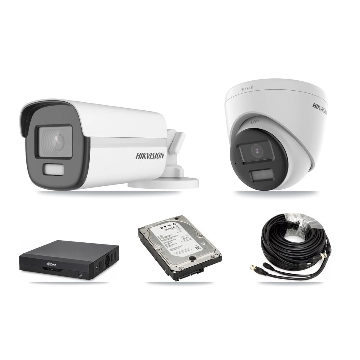 Hikvision & Dahua 4-Channel 4K CCTV Kit — 1 Bullet + 1 Turret Cameras + 5TB Recording